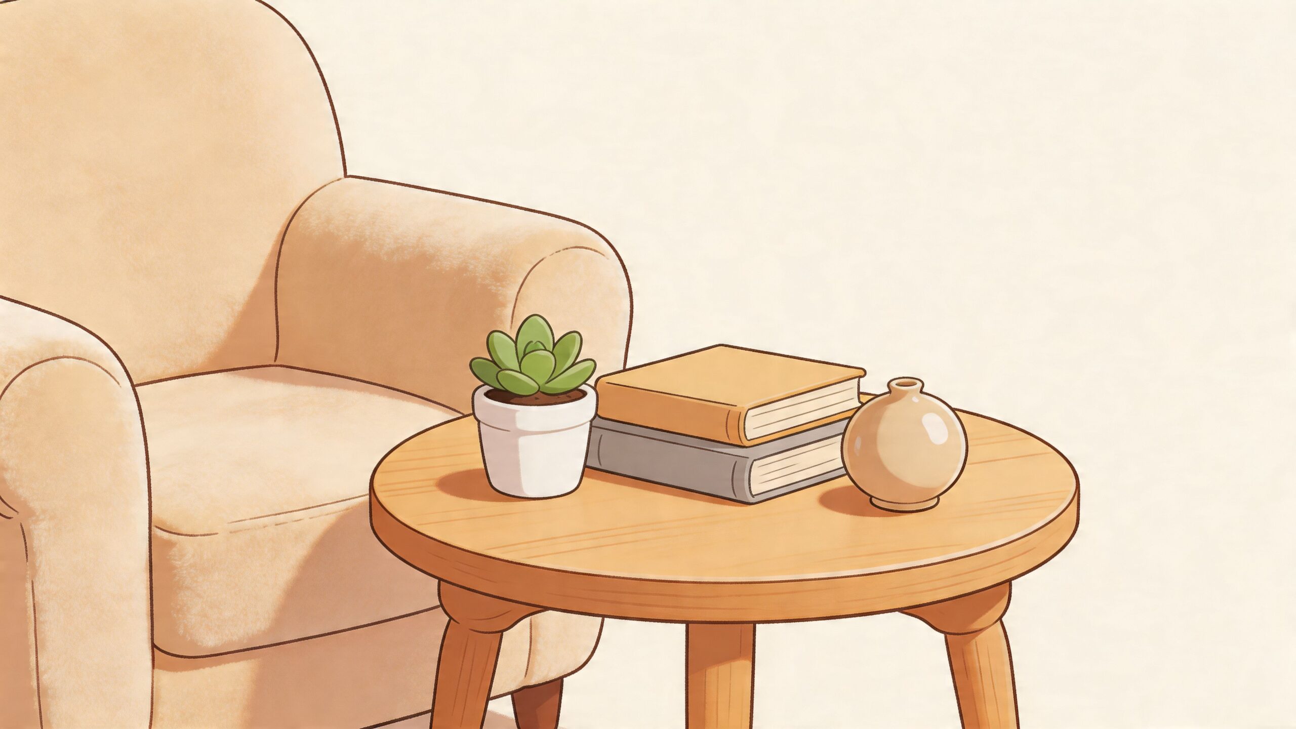 A cozy, minimalist room setting featuring a round wooden end table with books, a small plant, and vase.