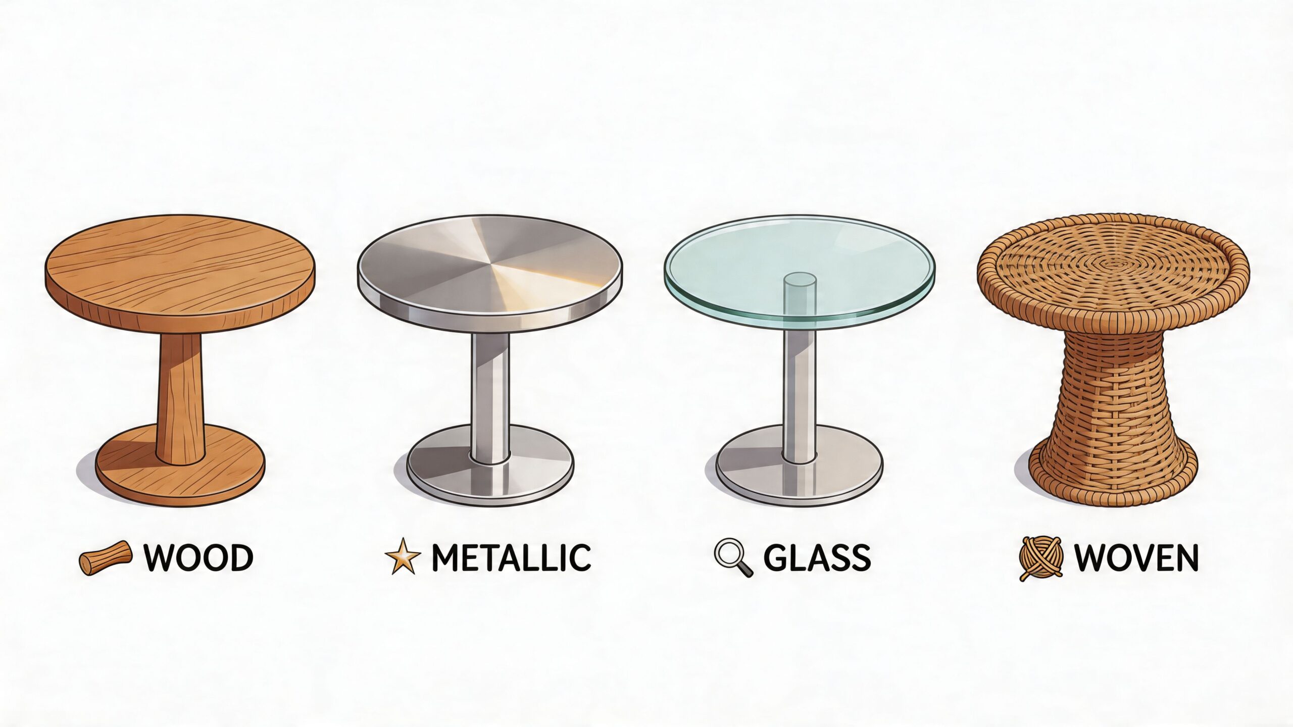 Four different round end tables made of wood, metal, glass, and woven material arranged in a row.