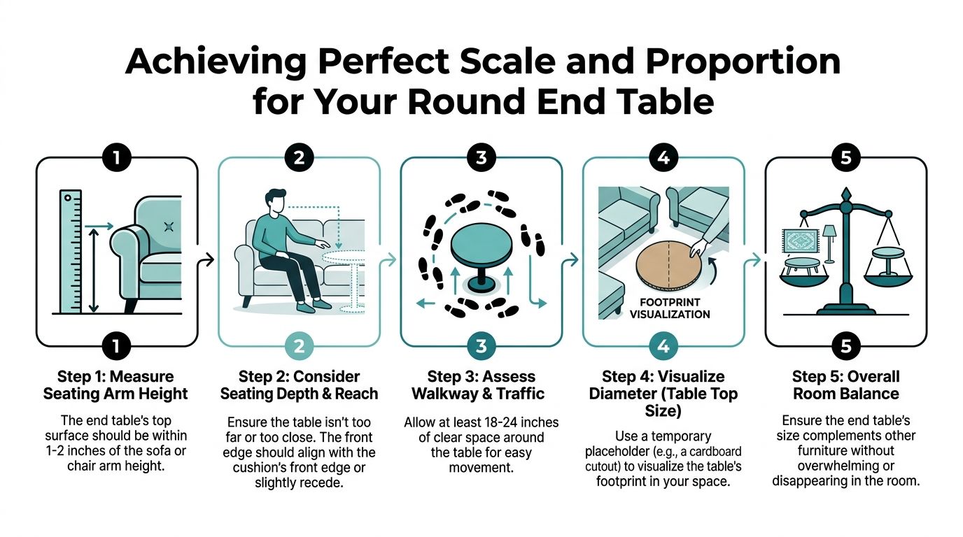 A five-step infographic showing how to select the perfect size and scale for round end tables.