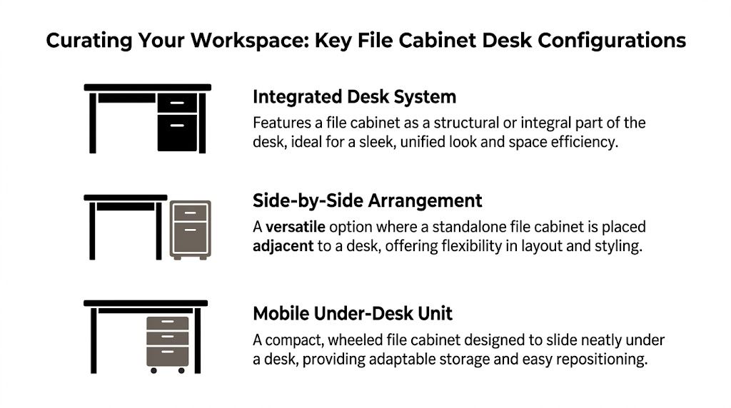 An infographic illustrating three common configurations for combining file cabinets with a desk in a workspace.