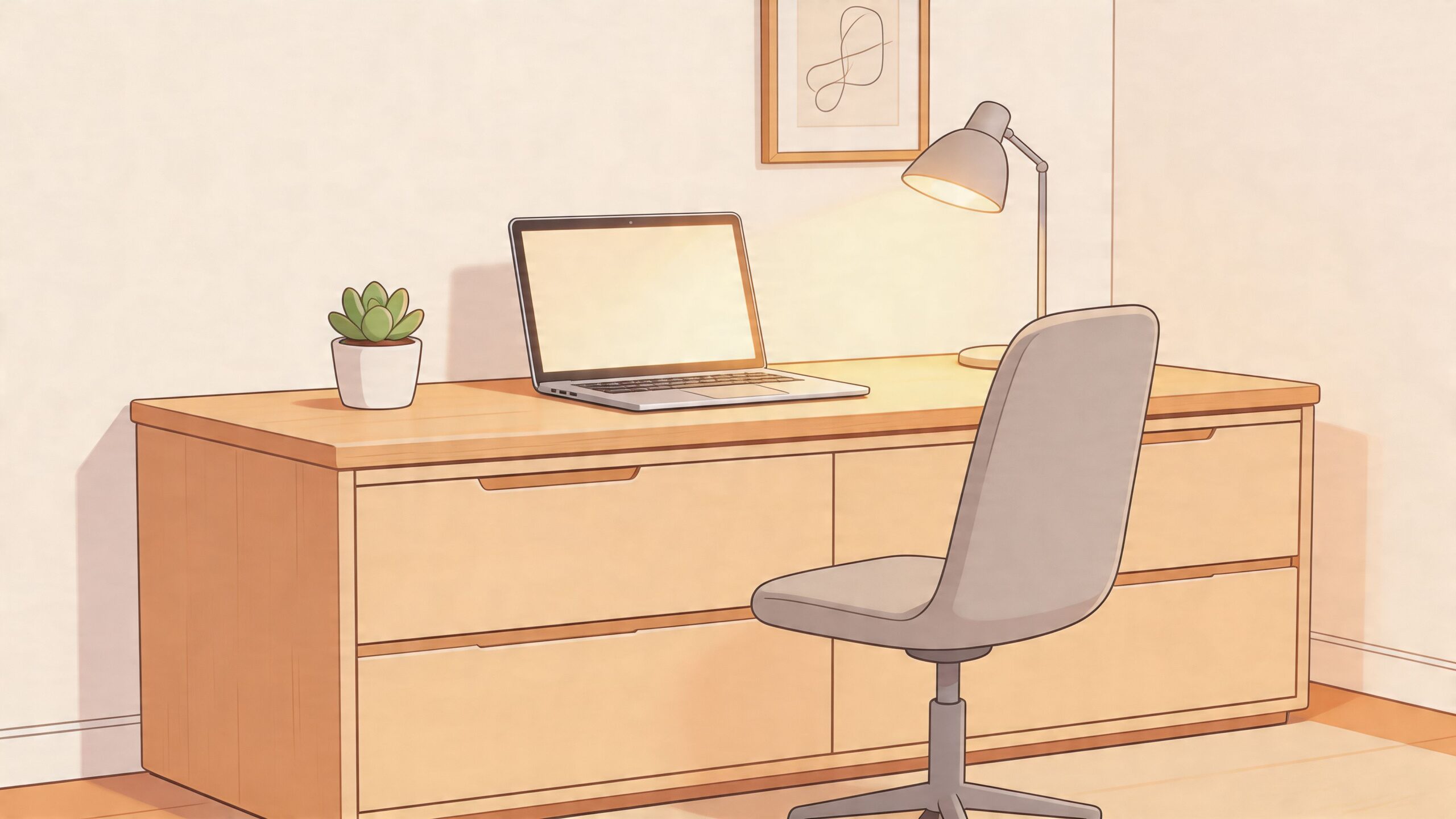 A modern desk featuring a laptop, a small potted succulent, and a lamp in a cozy home office.