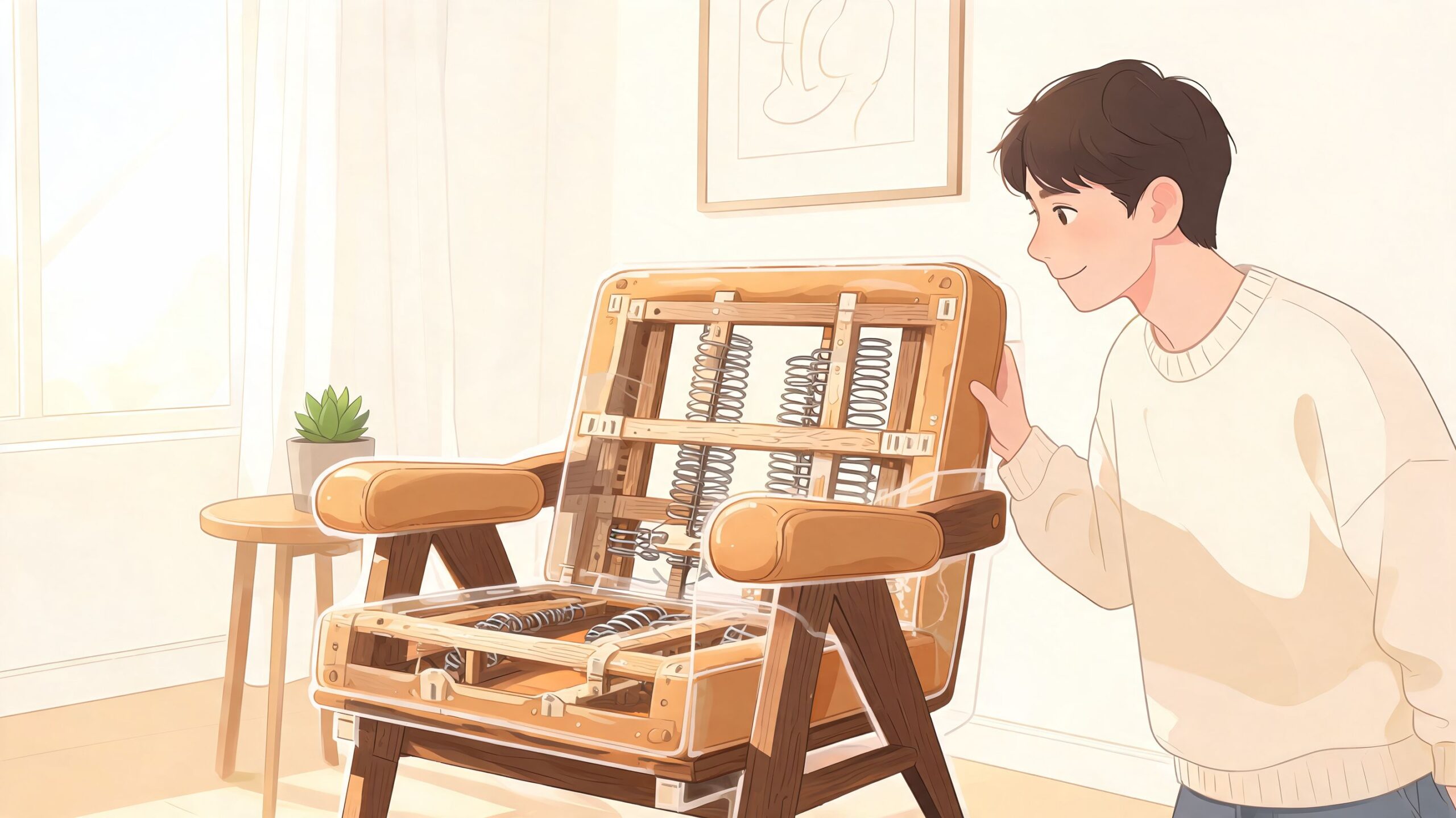 A young man looking curiously at the exposed internal wooden frame and spring structure of a leather chair.