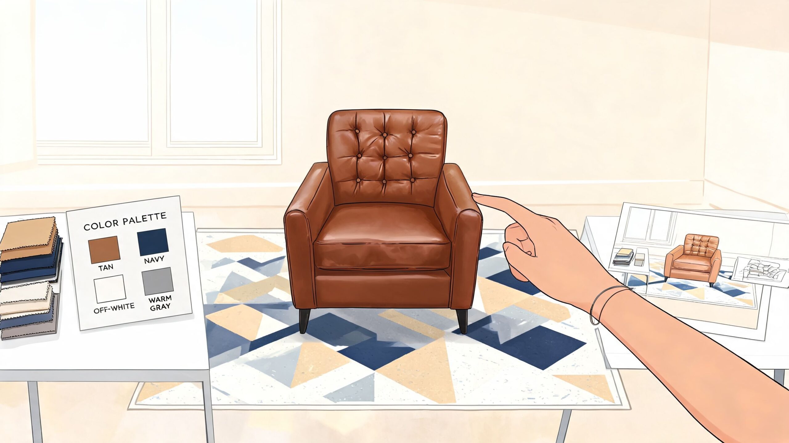 A brown leather armchair with tufted upholstery sits in a living room with an abstract area rug.