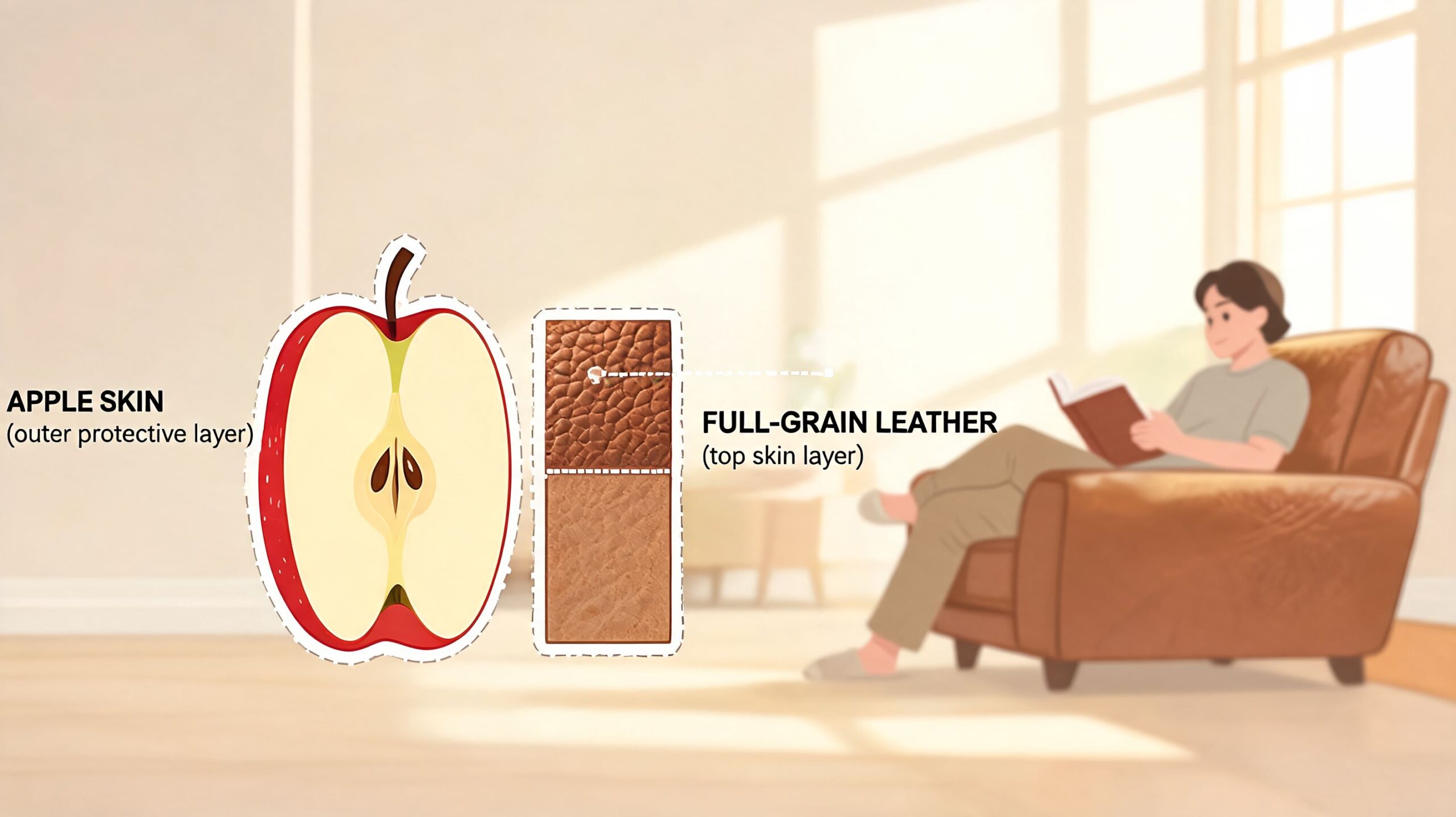 A conceptual diagram showing an apple skin next to a texture representing high-quality full-grain leather material.