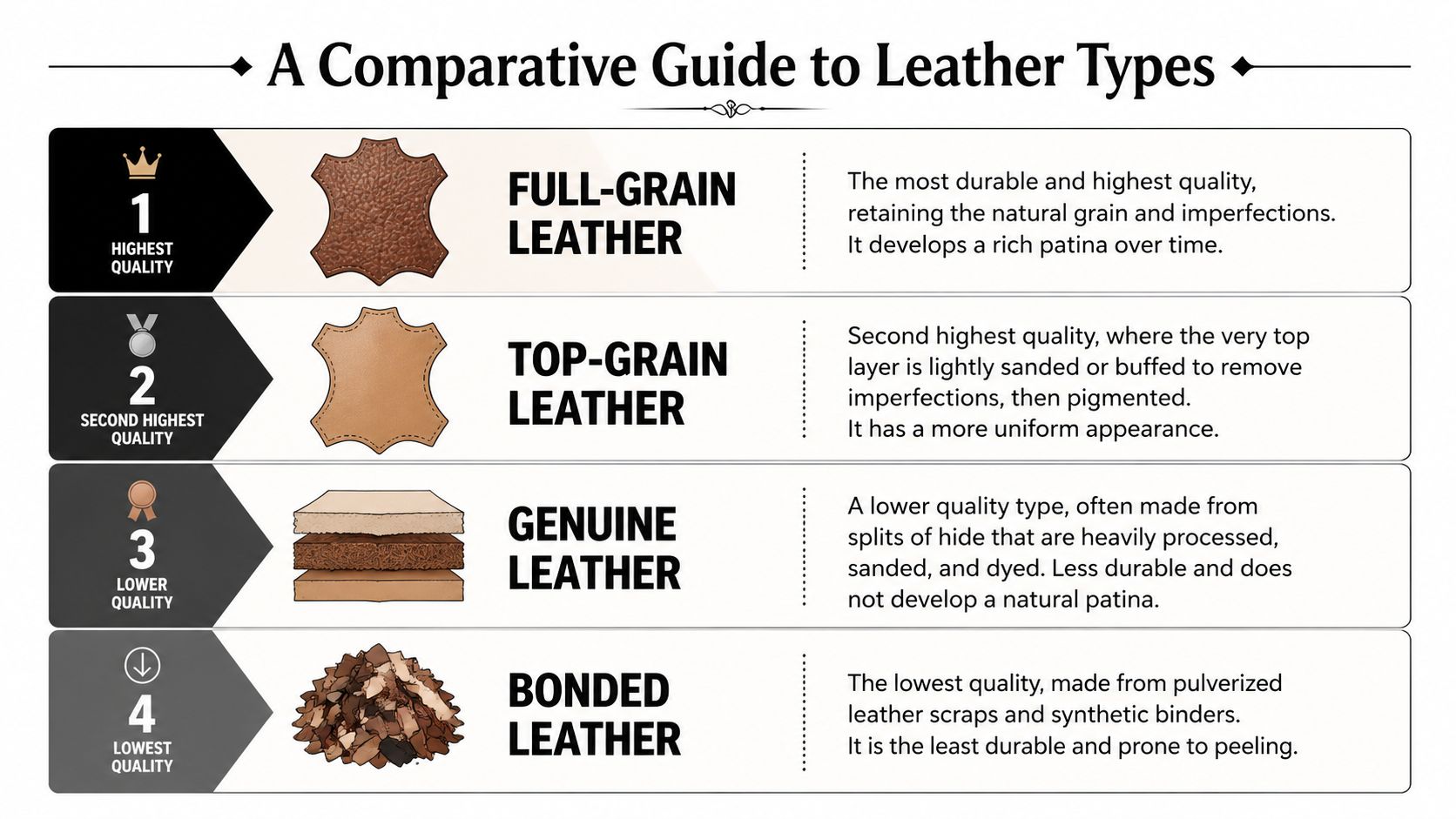 An infographic titled A Comparative Guide to Leather Types illustrating the four main grades of leather quality.