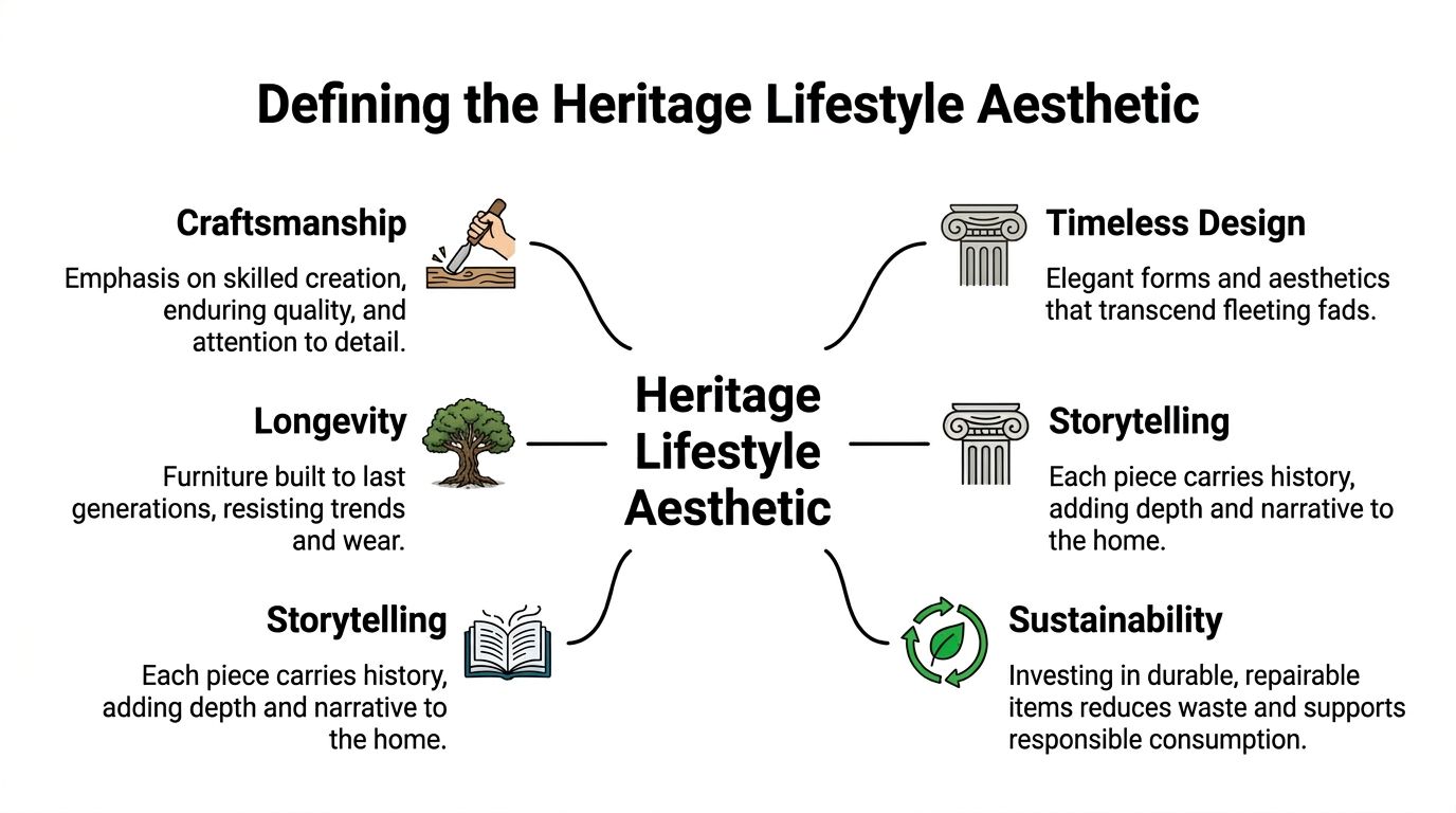A mind map defining the heritage lifestyle aesthetic through craftsmanship, longevity, storytelling, timeless design, and sustainability.