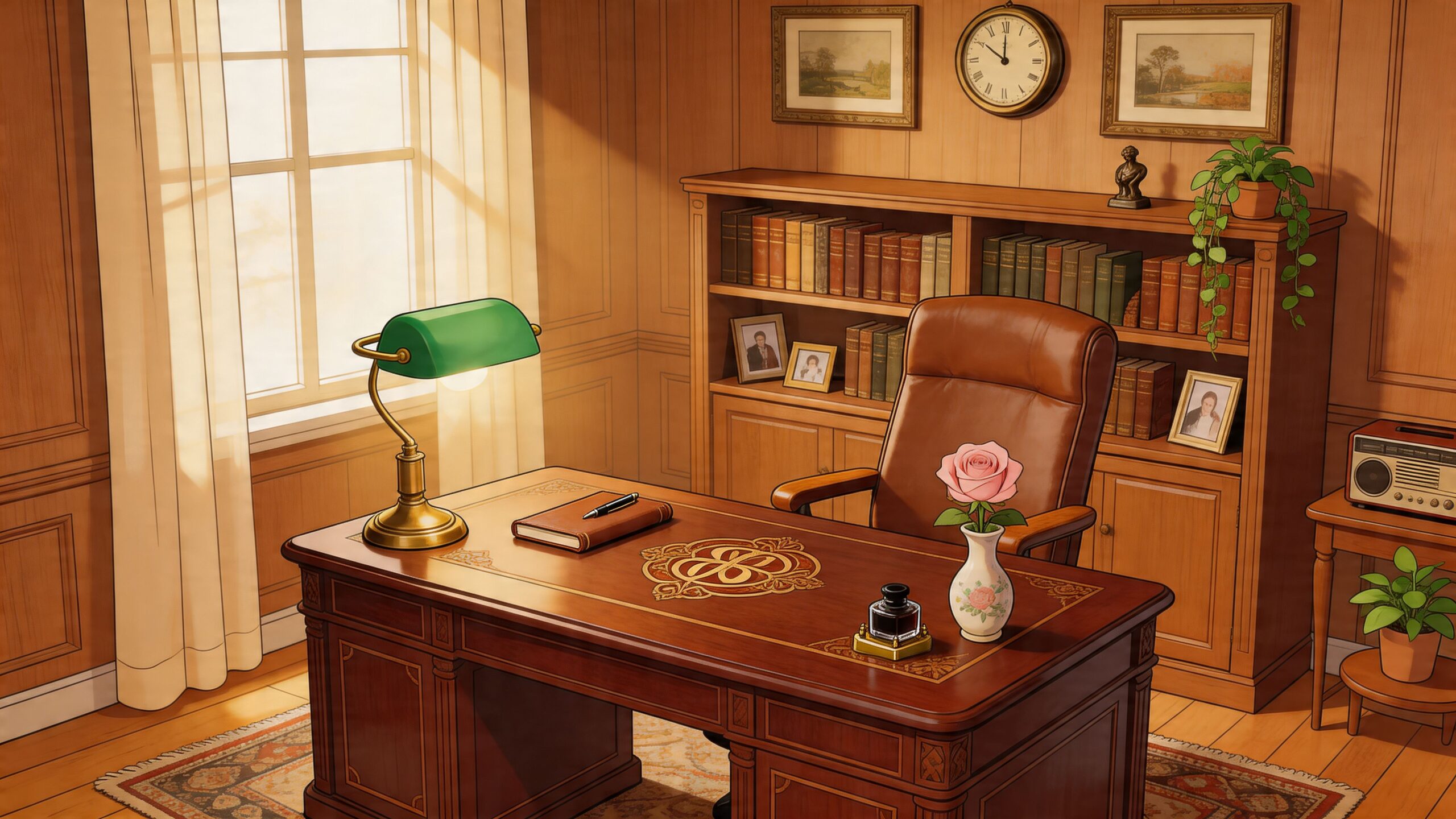 A classic wooden executive desk in a warm, sunlit home office featuring vintage decor and a rose.