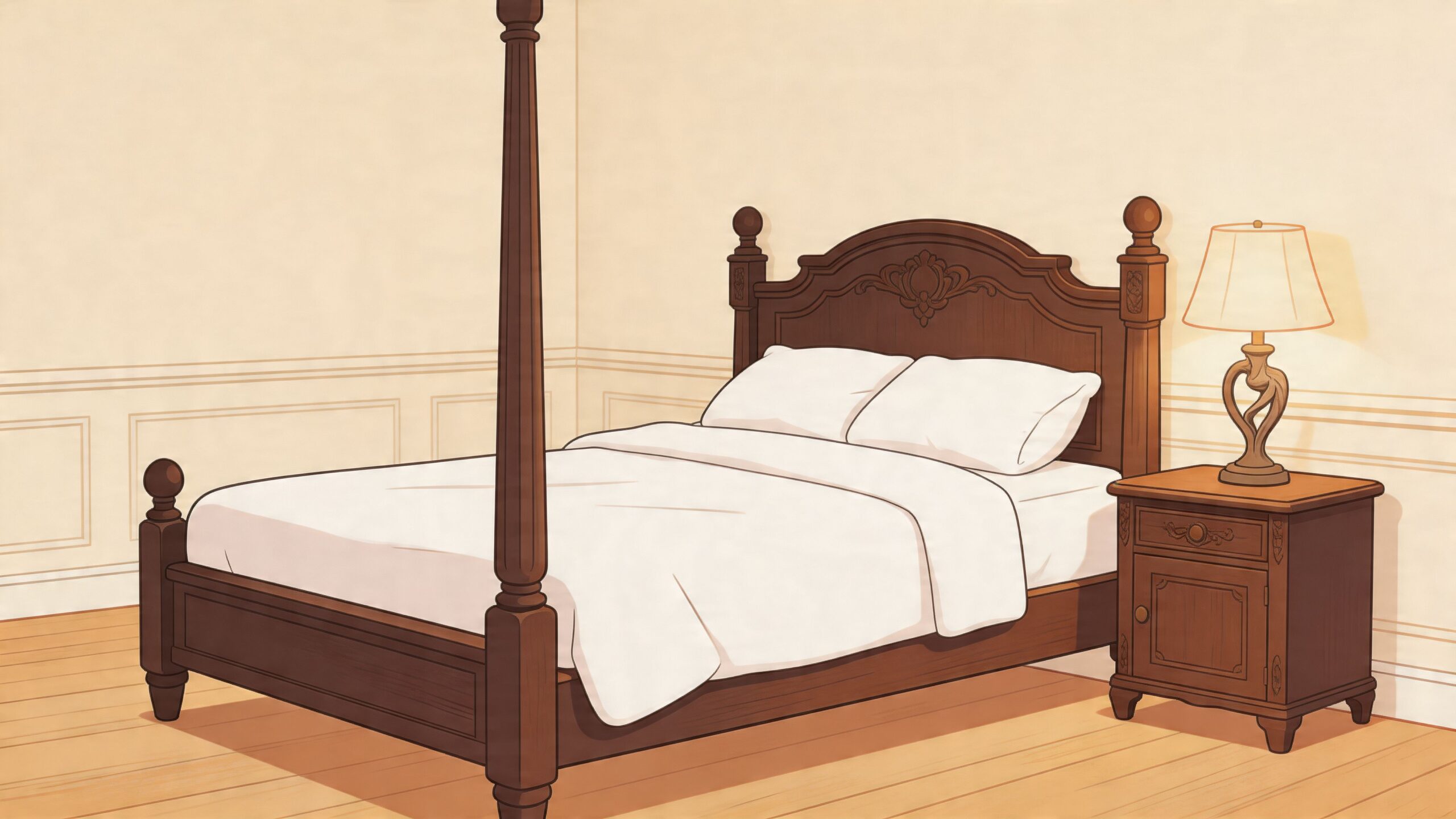 A classic wooden four-poster bed with white bedding and a bedside table with a lit lamp.