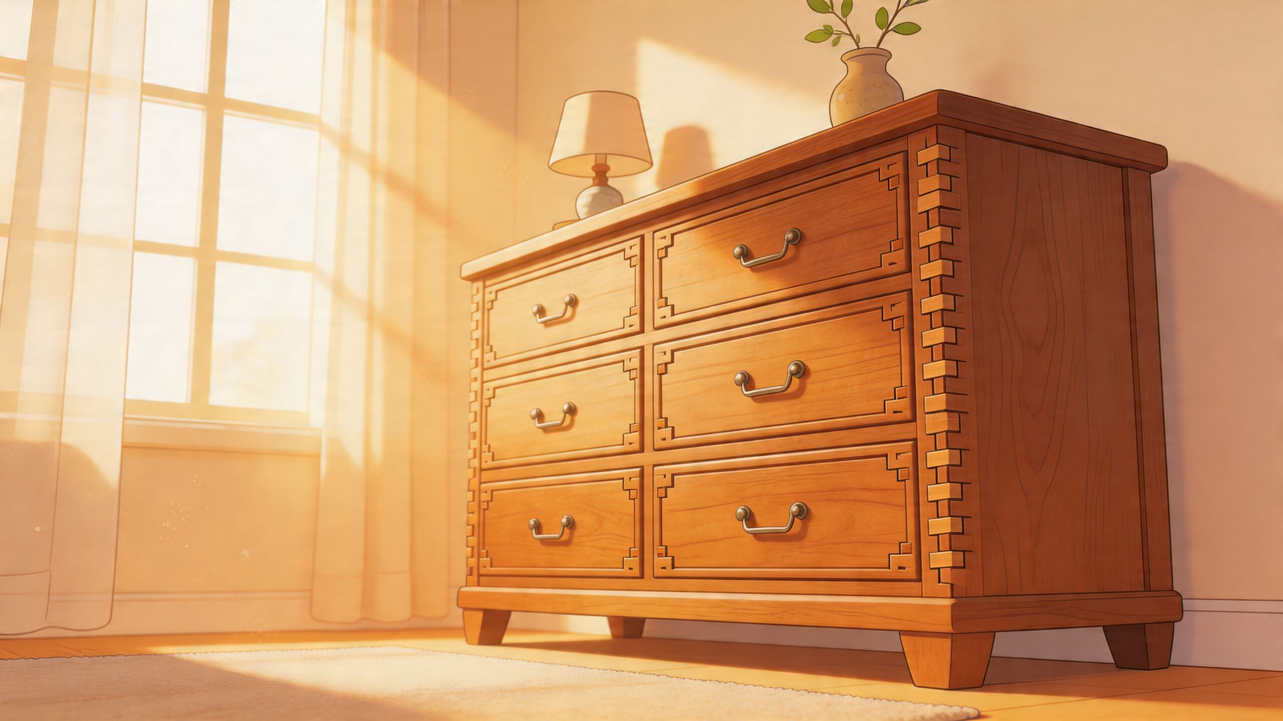 A classic wooden dresser stands in a sunlit room near a window with sheer curtains.