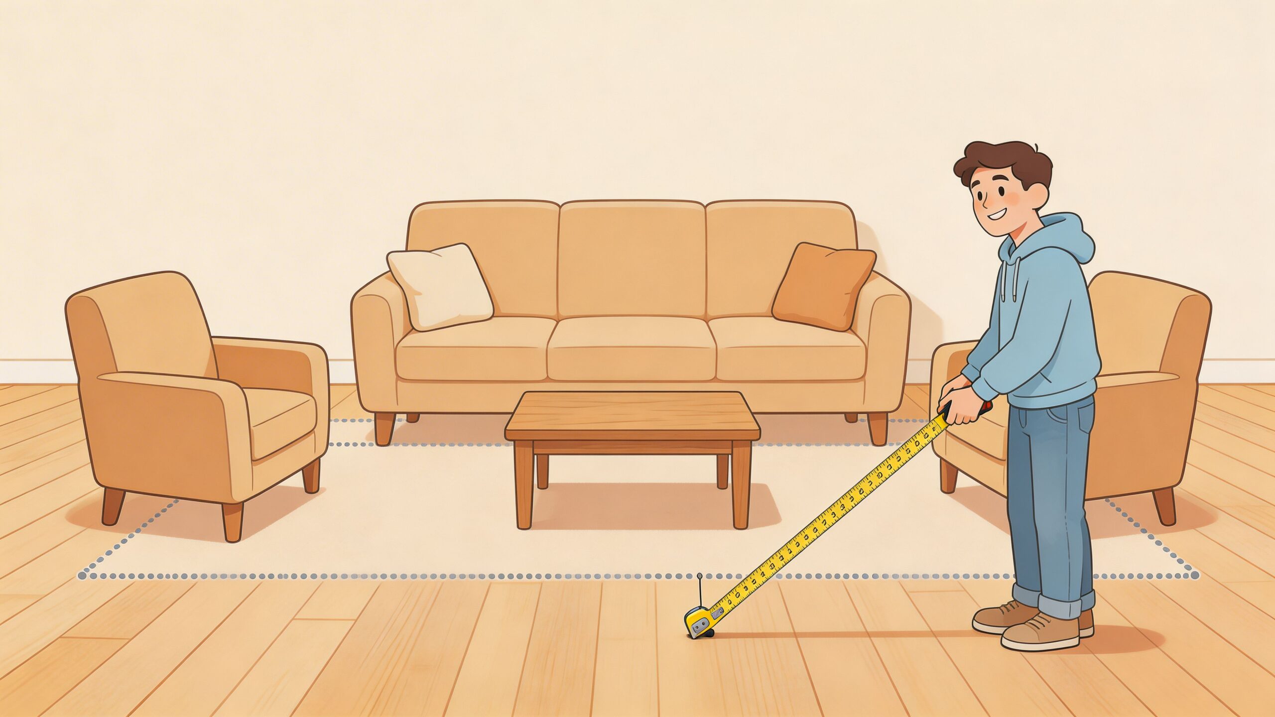 A young man holding a tape measure while planning the placement of an area rug in a living room.