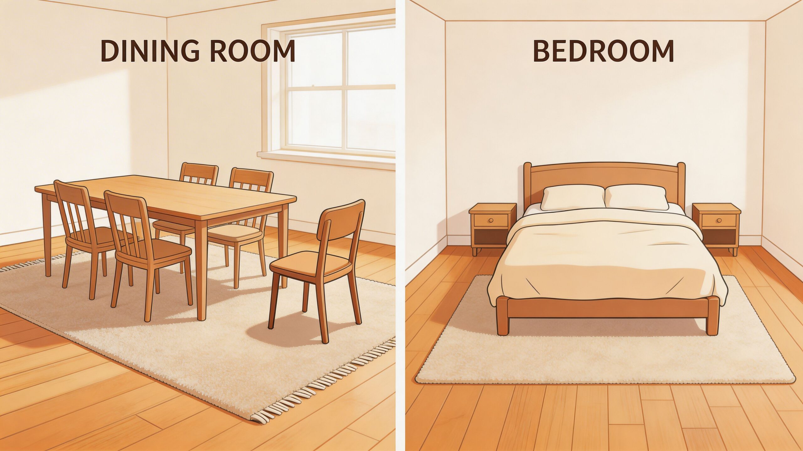 A split image showing how to place area rugs in a dining room versus a bedroom setting.