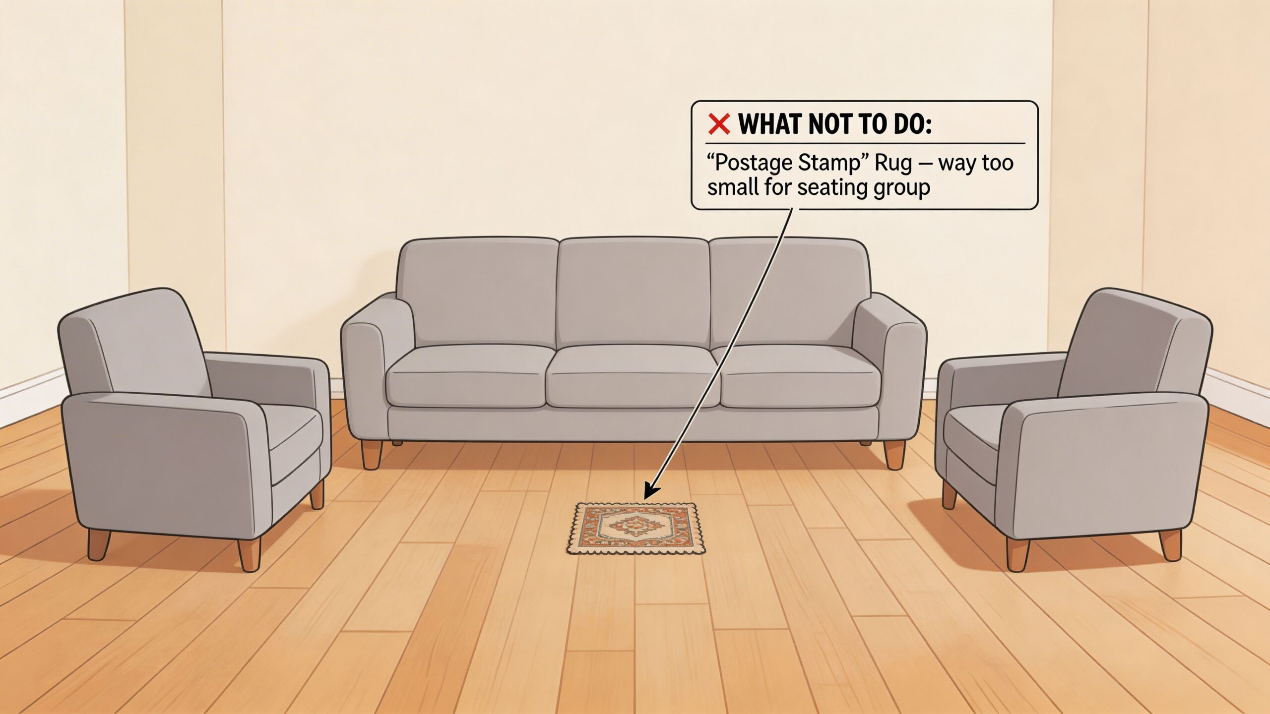 An illustration showing a living room furniture arrangement with an extremely small area rug as a mistake.