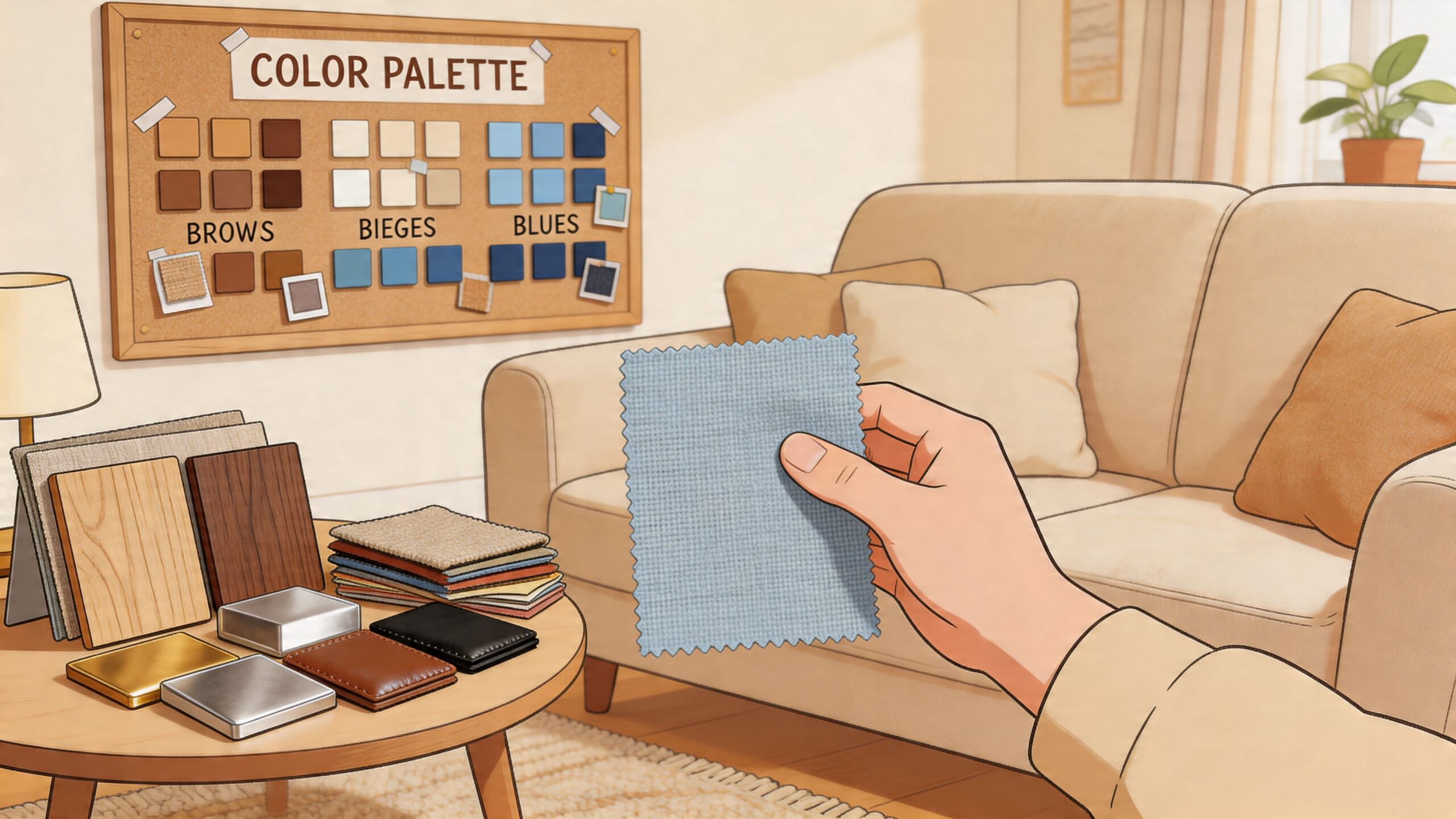 A designer holding a light blue fabric swatch in a cozy living room with a neutral loveseat.