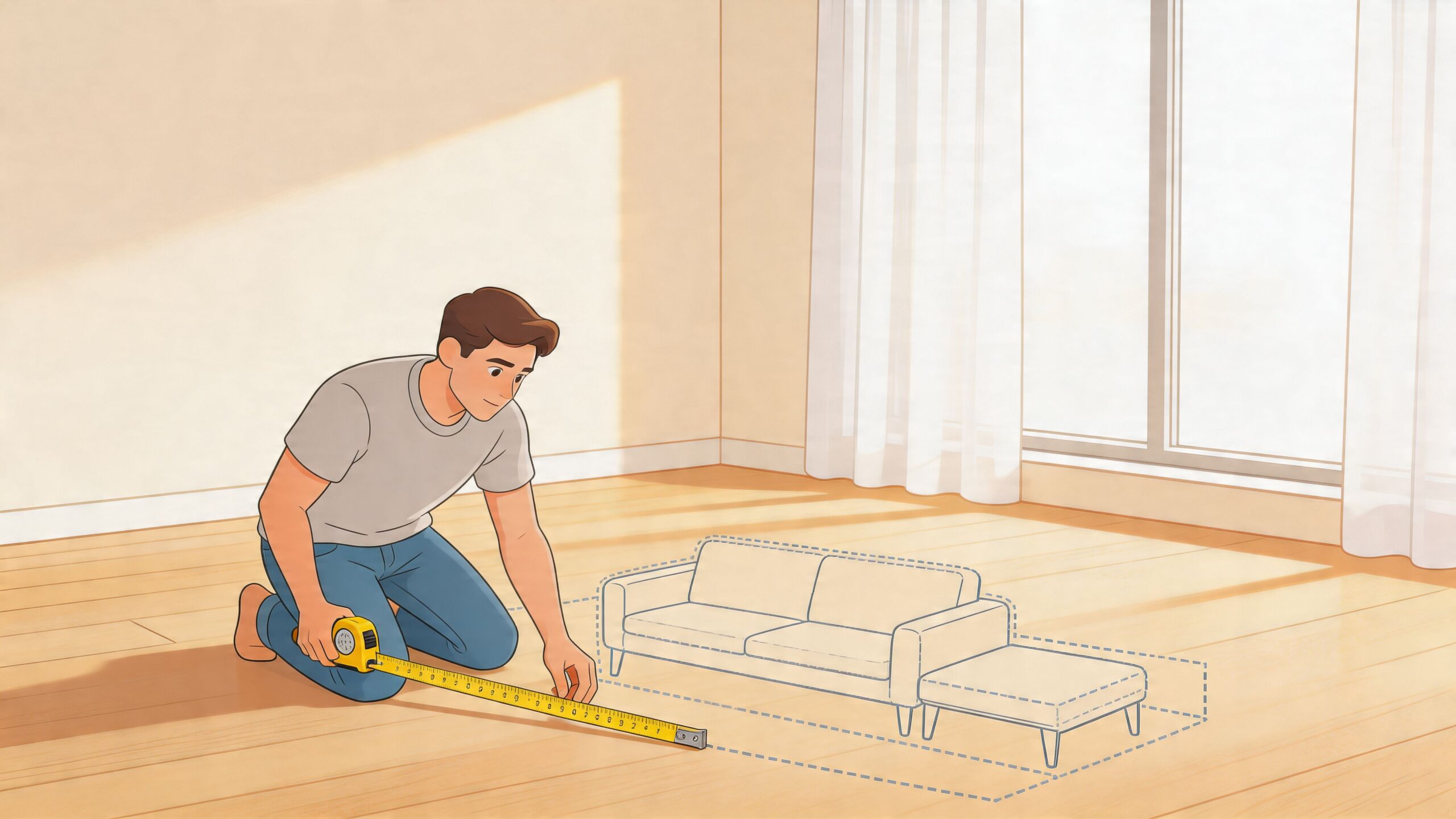 A man kneeling on a wooden floor measuring a virtual outline of a loveseat and chaise.