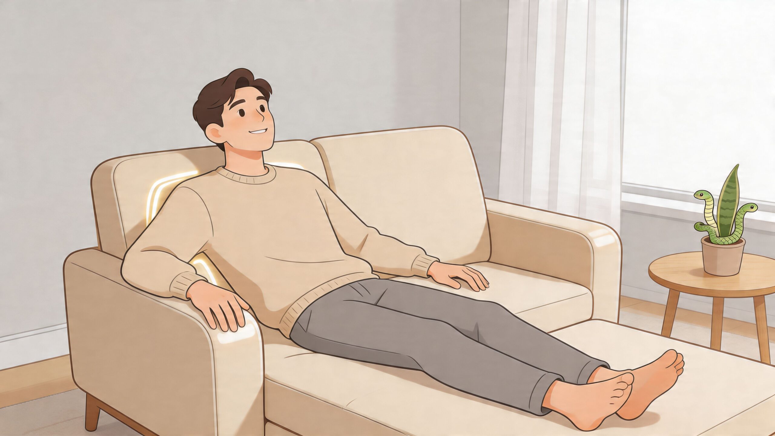 A happy man relaxing on a comfortable beige loveseat with a chaise lounge while sitting next to a snake plant.