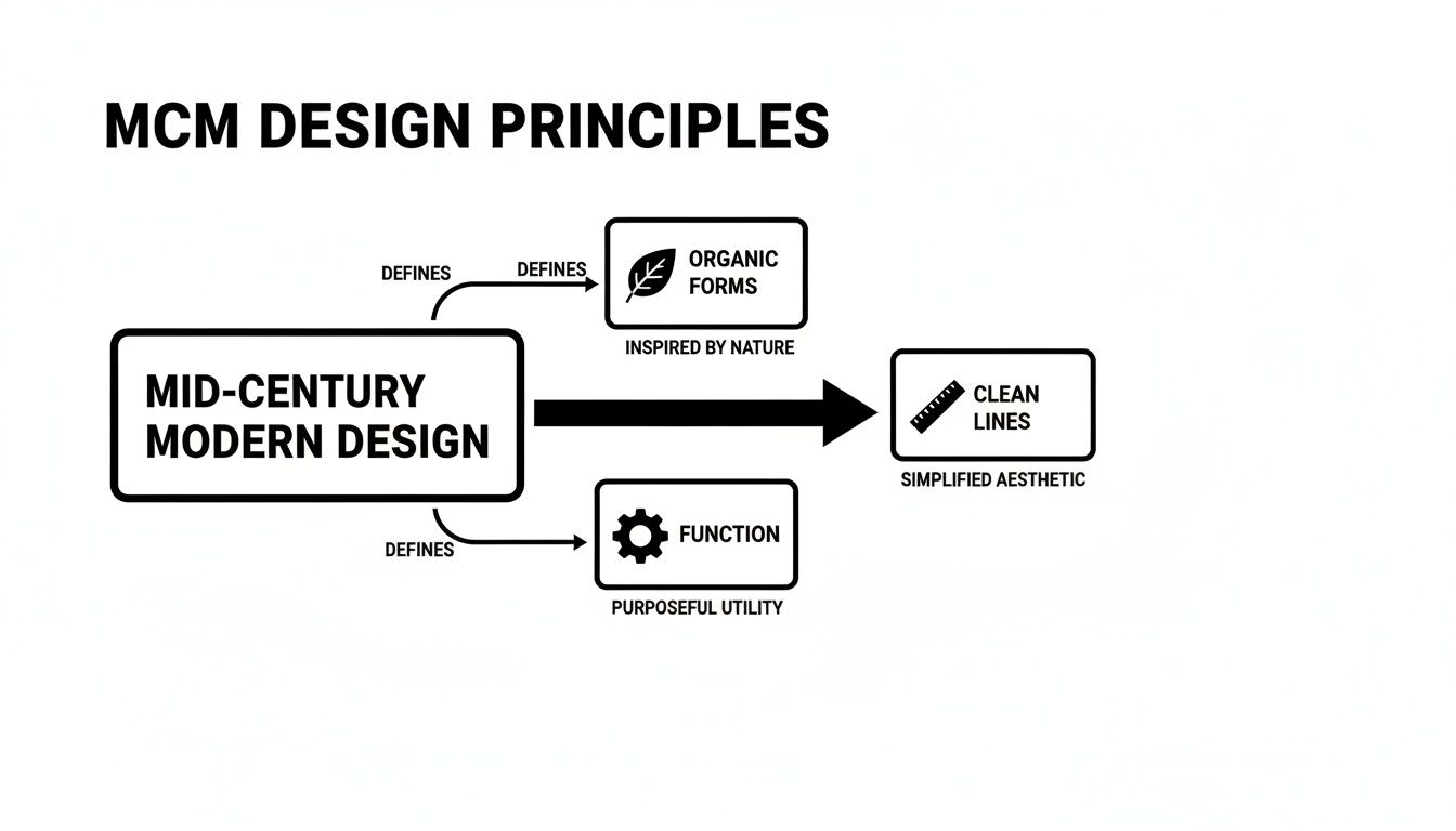 Diagram illustrating Mid-Century Modern design principles, connecting organic forms and function to clean lines.