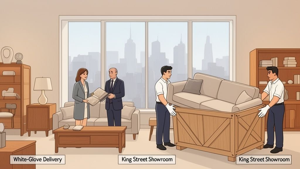 People in a showroom consult a catalog while white-glove movers deliver a sofa in a large wooden crate.