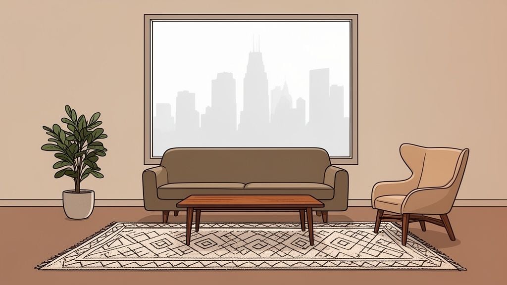 An inviting living room featuring a sofa, armchair, coffee table, plant, rug, and city skyline view.