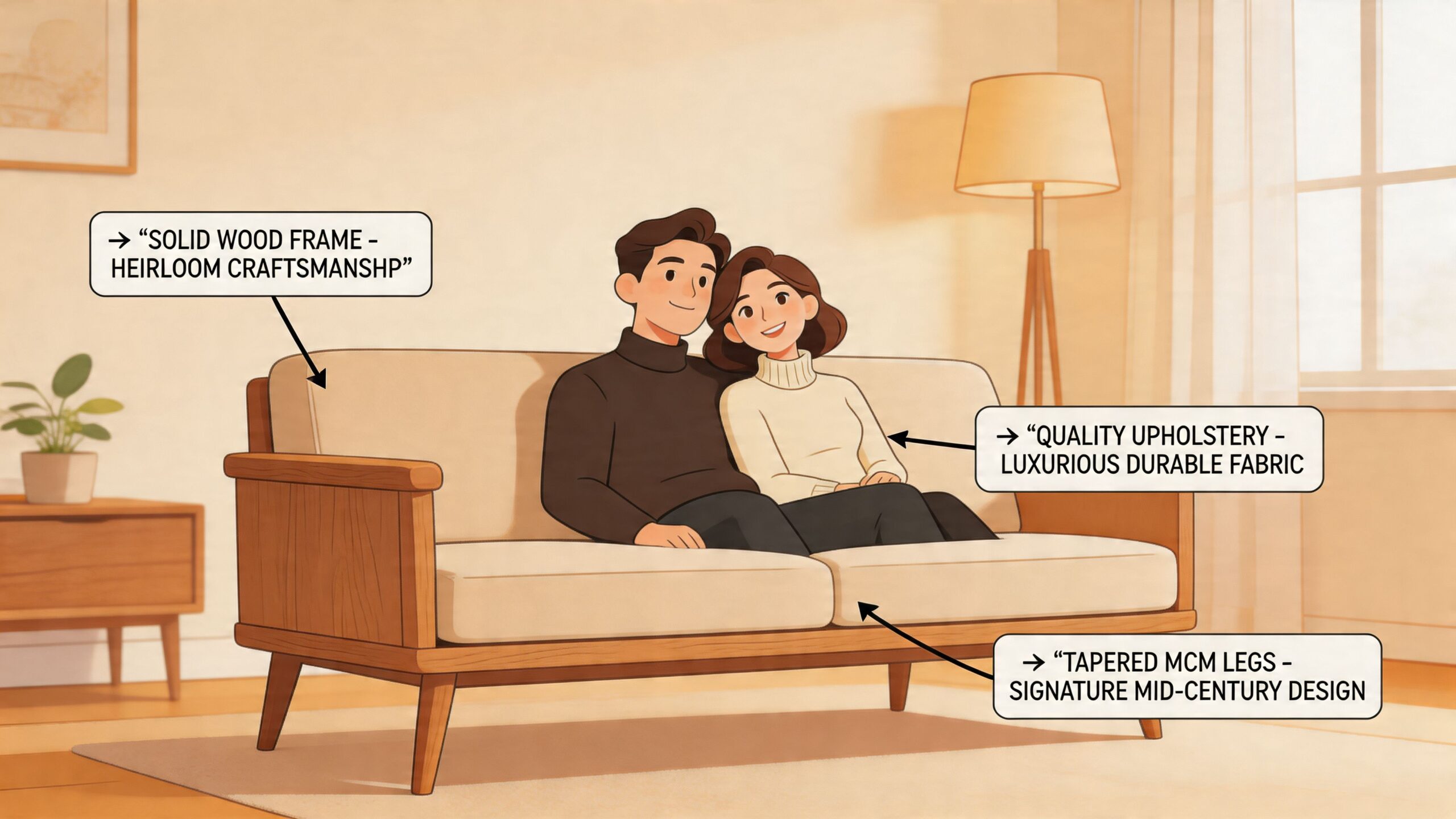 A couple sits on a mid-century modern couch highlighted with text labels describing its features.