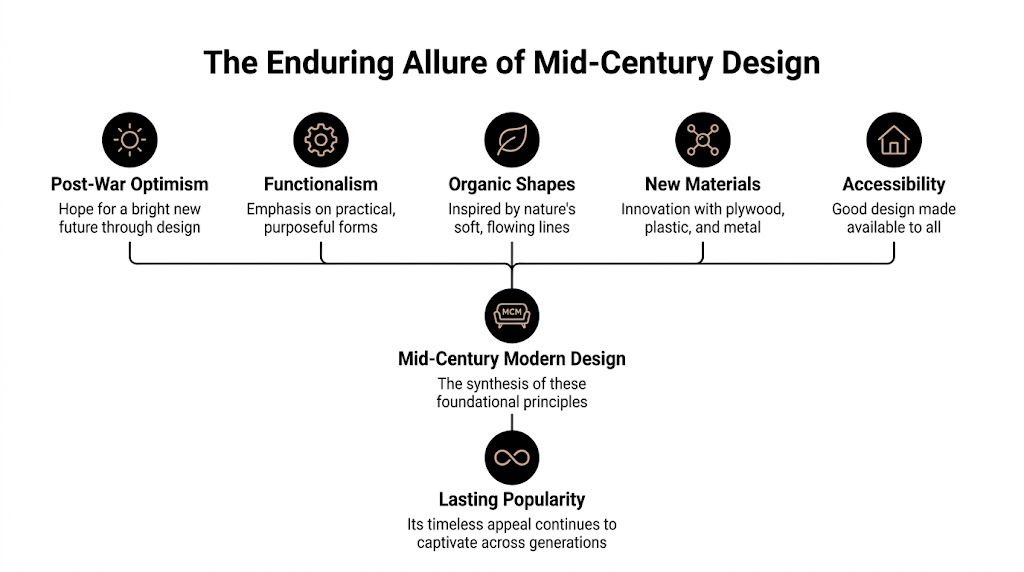A diagram illustrating the core principles and enduring popularity of mid-century modern design through a flowchart.