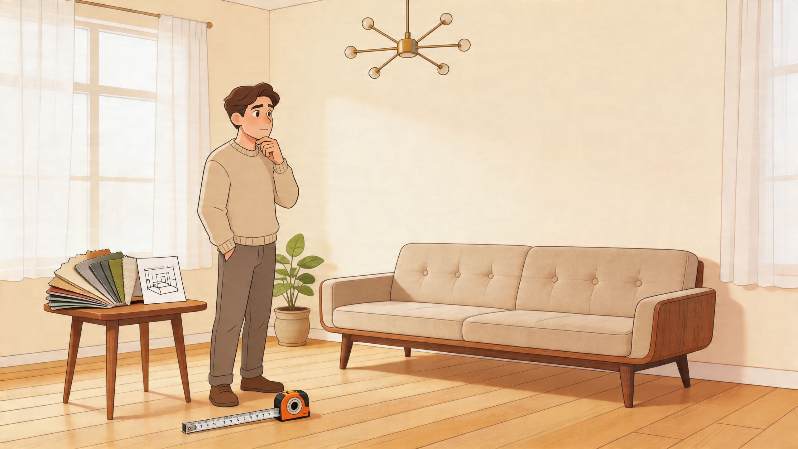 A man considering upholstery options while standing in a living room with a mid-century modern sofa.