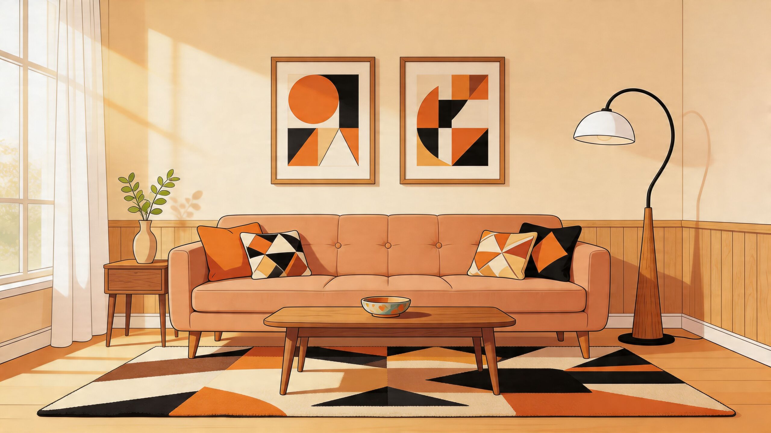 A cozy mid-century modern living room featuring a peach-colored sofa, geometric rug, and retro decor accents.