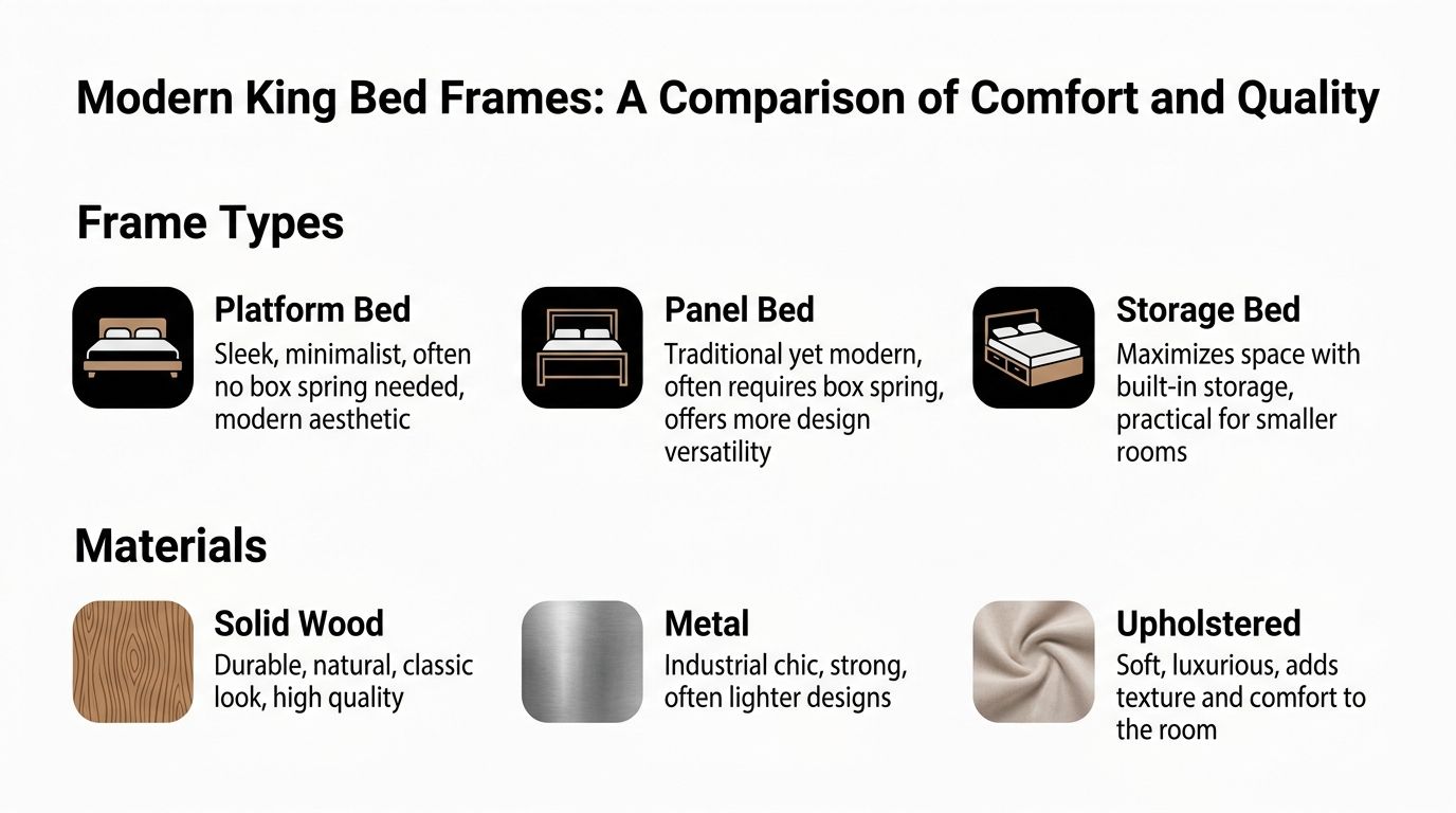 An infographic comparing different modern king bed frame types and materials including wood, metal, and upholstery.