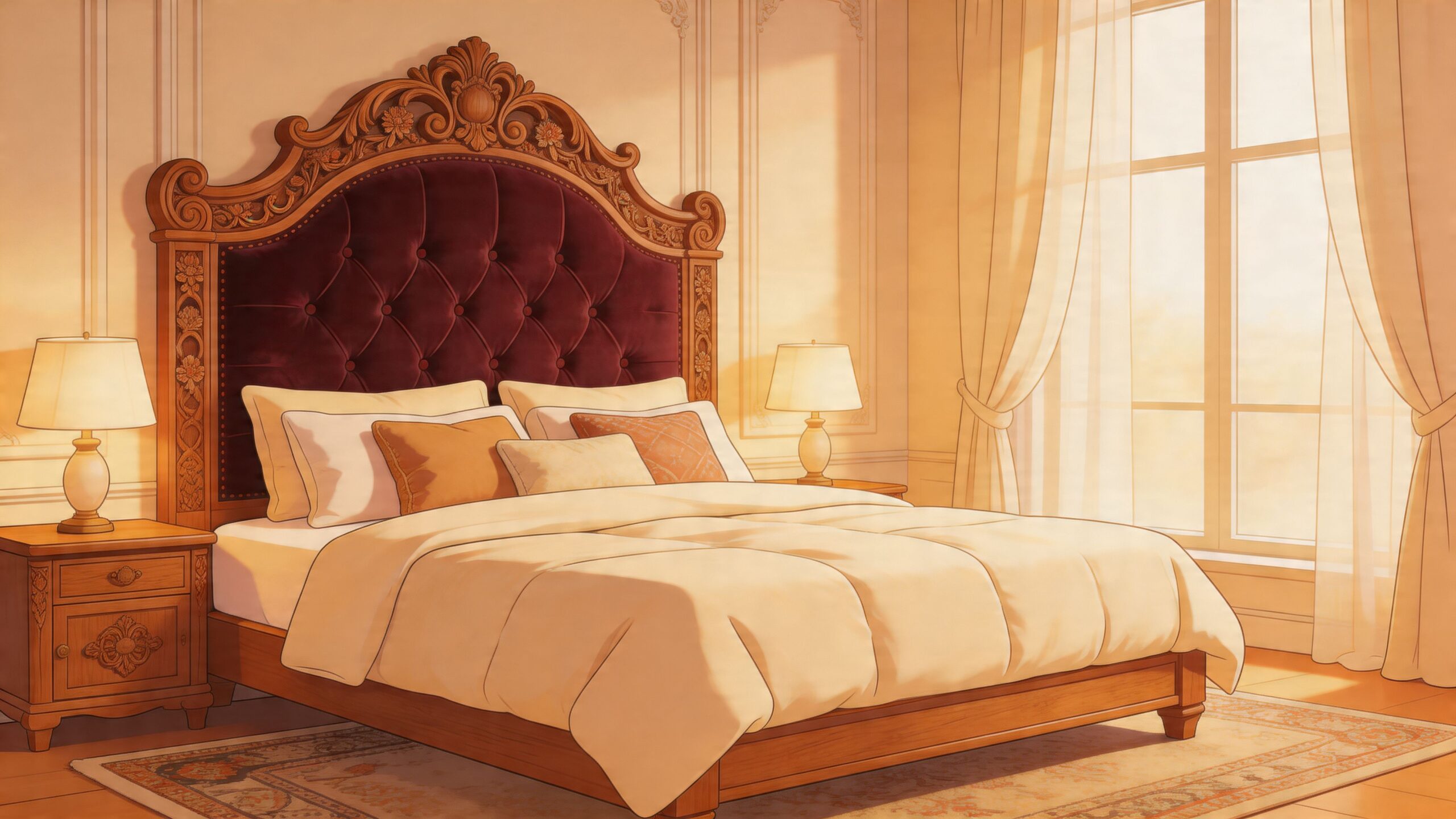 A luxurious master bedroom featuring a large king size bed with a rich velvet tufted headboard.