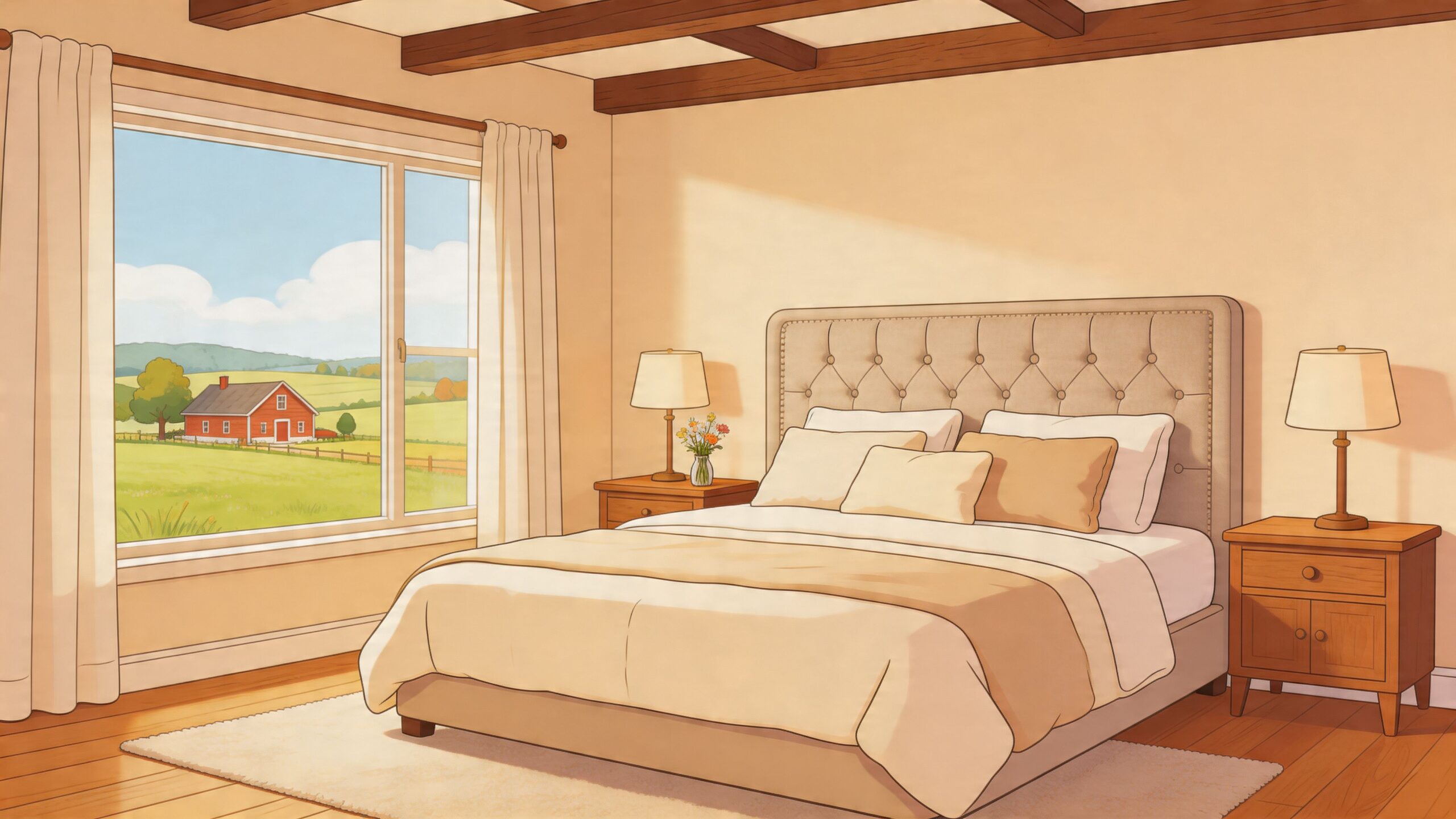 A cozy bedroom with a modern king size bed overlooking a peaceful farm landscape through a large window.