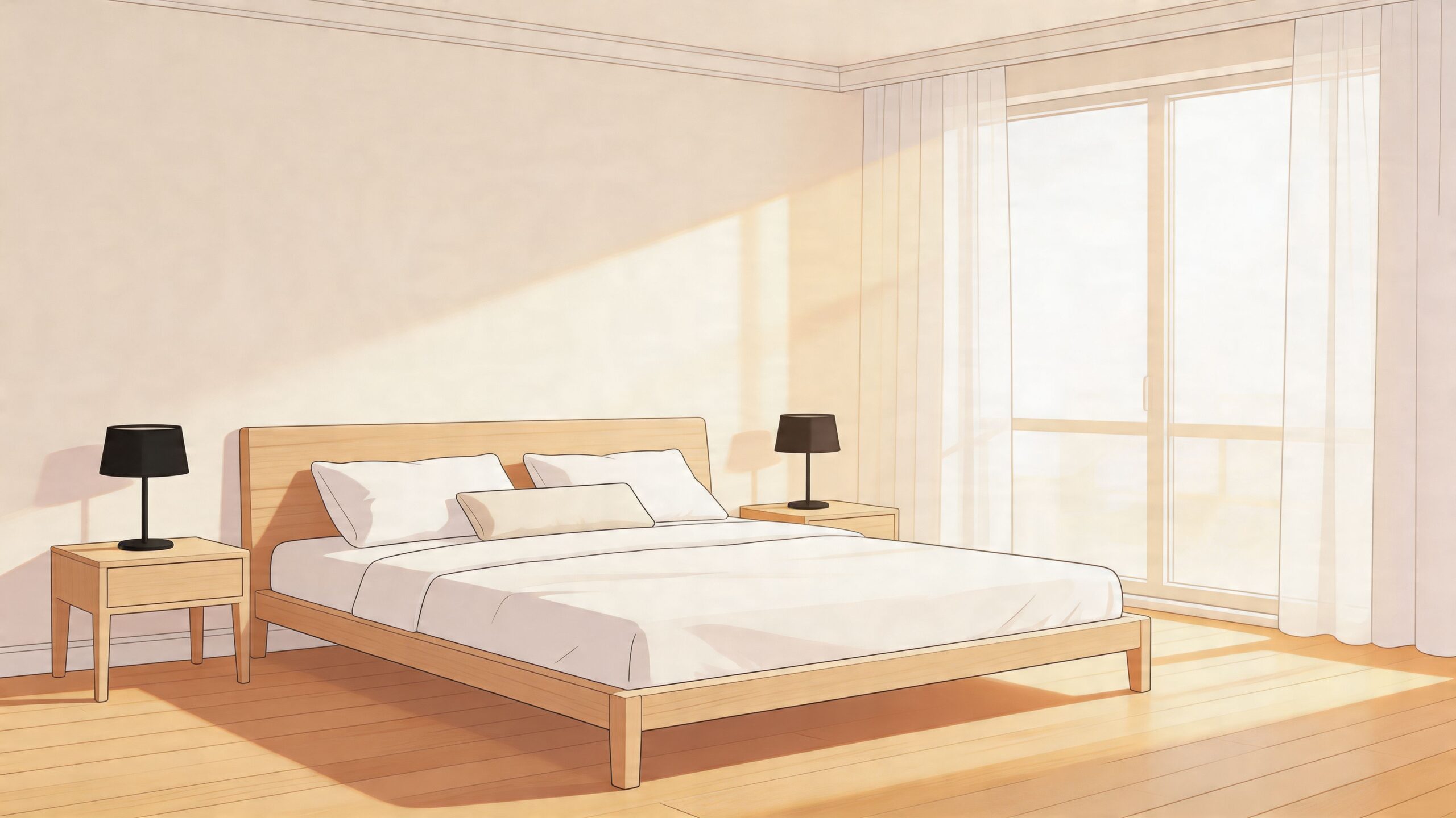 A modern, minimalist bedroom with a king size bed, wooden furniture, and warm sunlight streaming through windows.