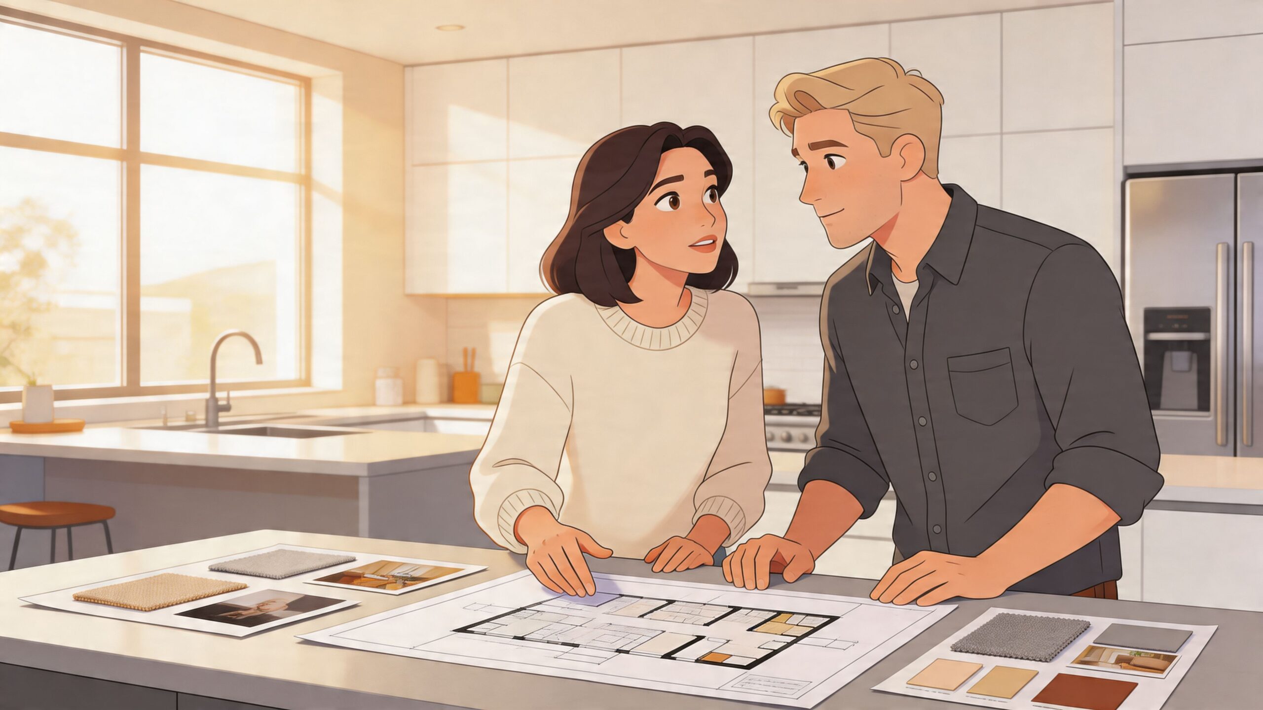 A young couple reviewing floor plans and material samples on a kitchen island in a modern house.