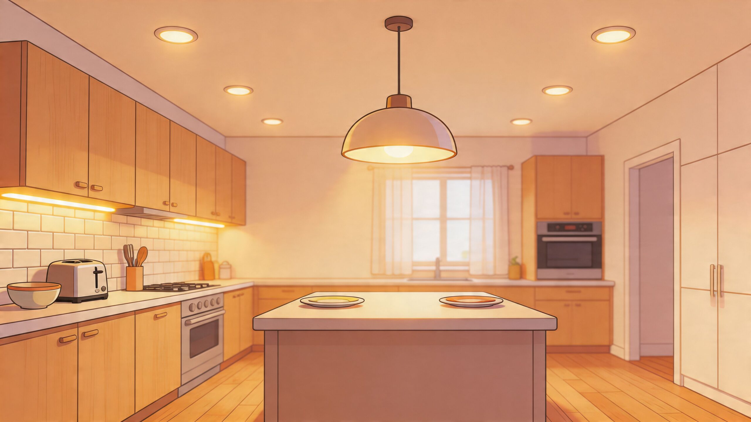 A warm and cozy modern kitchen interior with light wood cabinetry, a central island, and bright lighting.