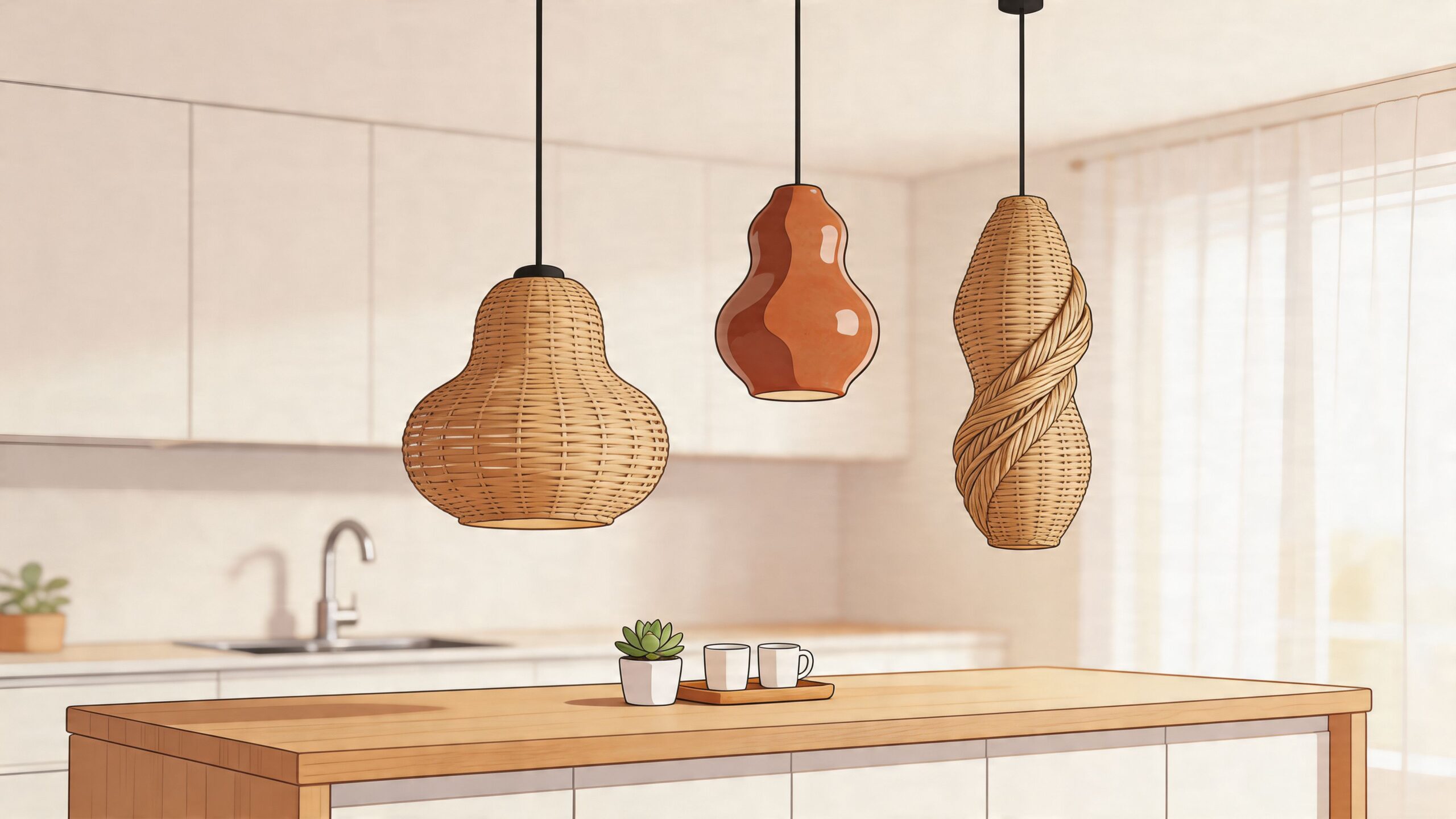 A modern kitchen island with three stylish pendant lights hanging above a minimalist wooden countertop area.