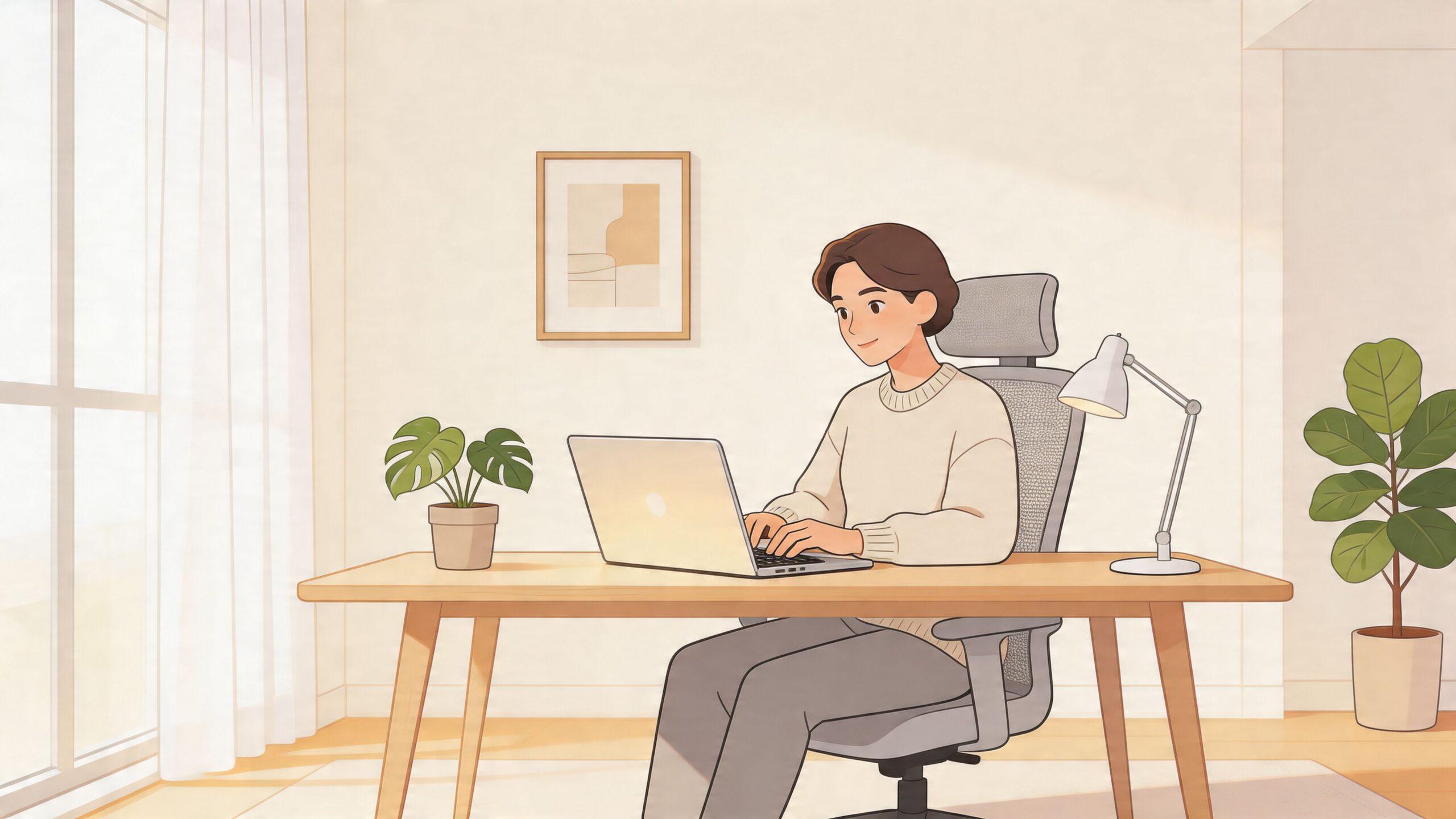 A person working on a laptop at a wooden desk in a bright, modern minimalist home office.