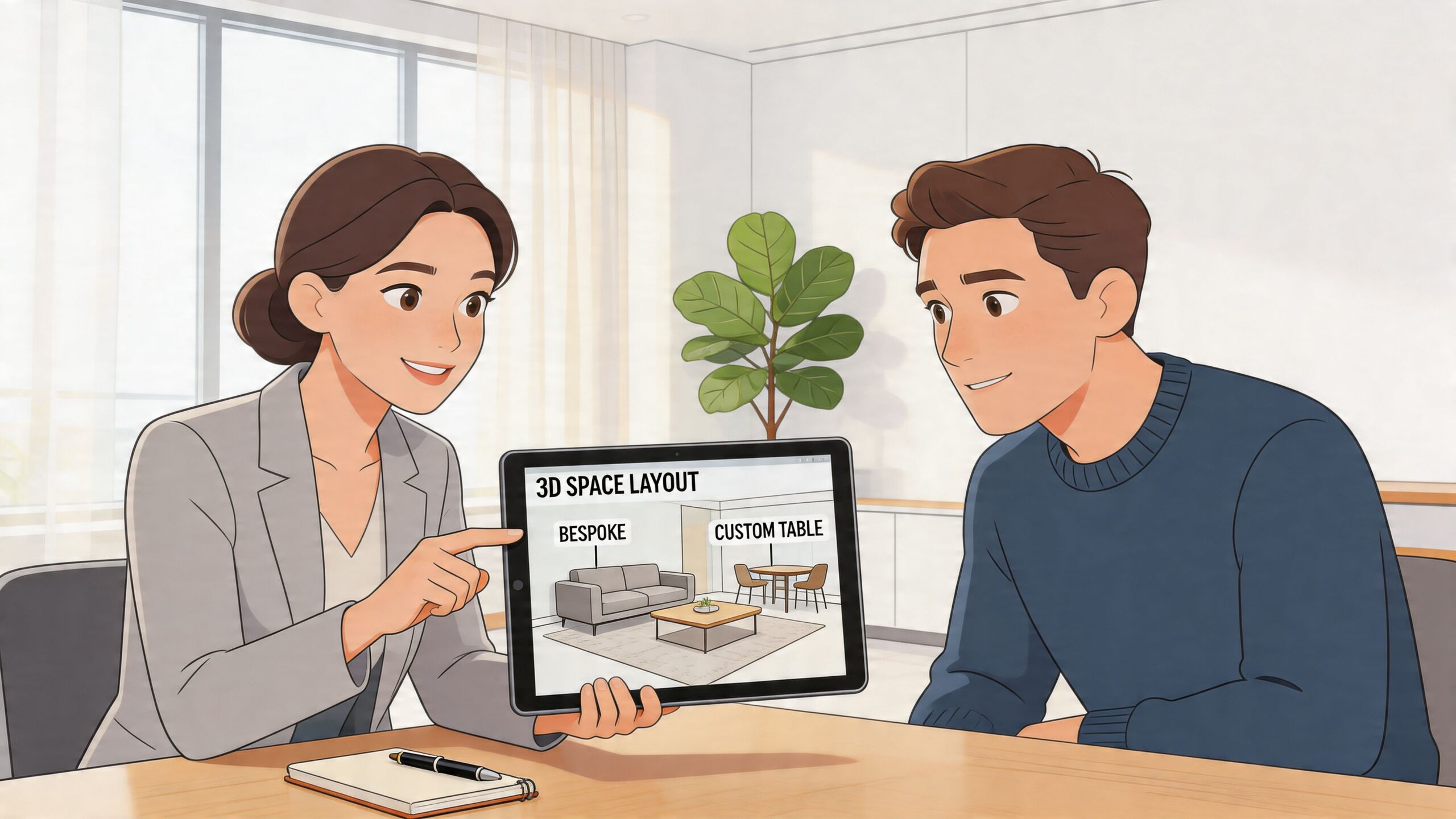 A professional interior designer showing a 3D furniture layout on a tablet to a male client.