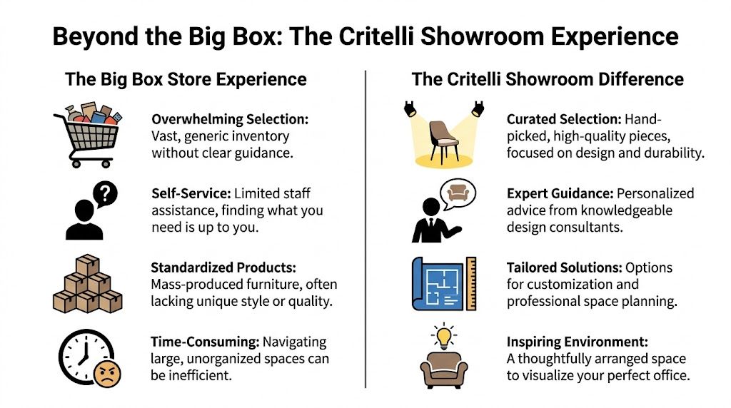 A comparison chart highlighting the benefits of a curated furniture showroom over a typical big box store.