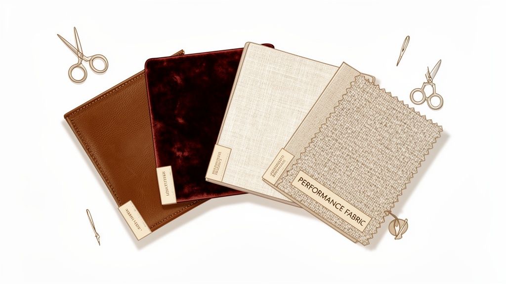 Four fabric swatches: brown leather, red velvet, textured cream, and woven performance fabric, with sewing tools.
