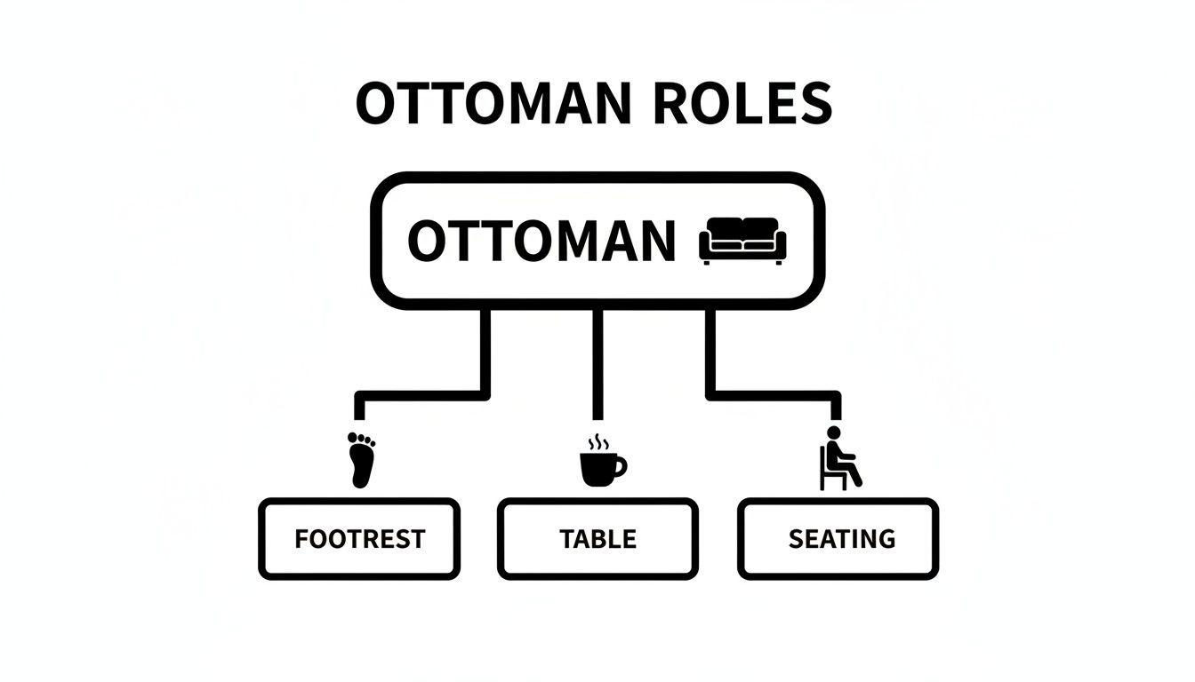 A diagram titled 'Ottoman Roles' illustrating that an ottoman can function as a footrest, table, or seating.