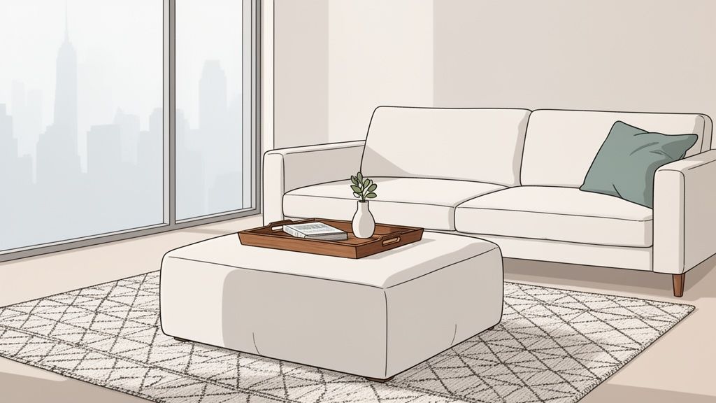 A modern living room with a white sofa, an ottoman coffee table, and a city view.