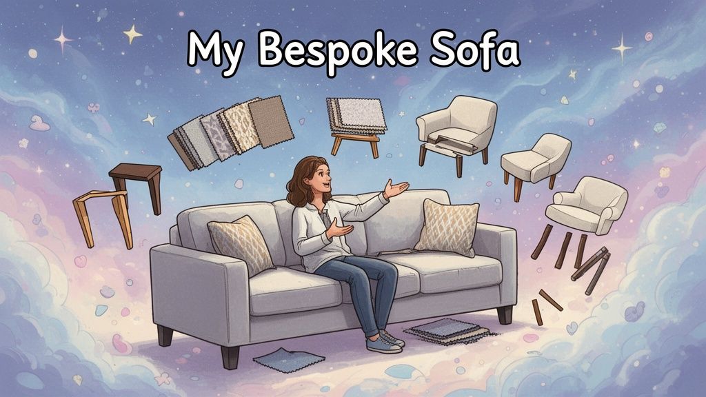 A woman sits on a custom couch surrounded by floating furniture components and fabric swatches in a dreamlike setting.