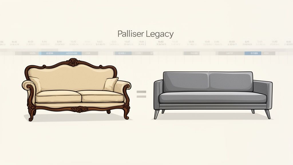 A vintage cream sofa on the left equals a modern grey sofa on the right.