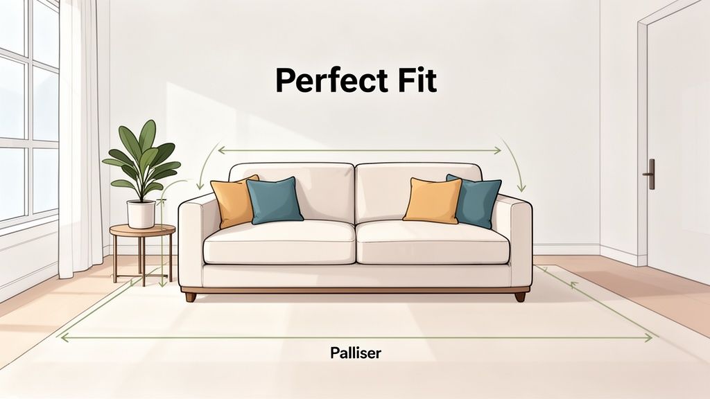 A line-drawn illustration showing a Palliser sofa with dimensional measurement arrows, suggesting a perfect furniture fit.