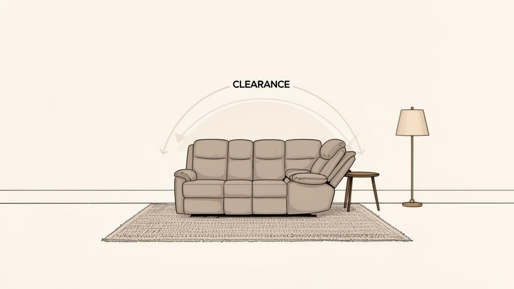 Illustration showing a beige power recliner sectional sofa with required clearance space for reclining.
