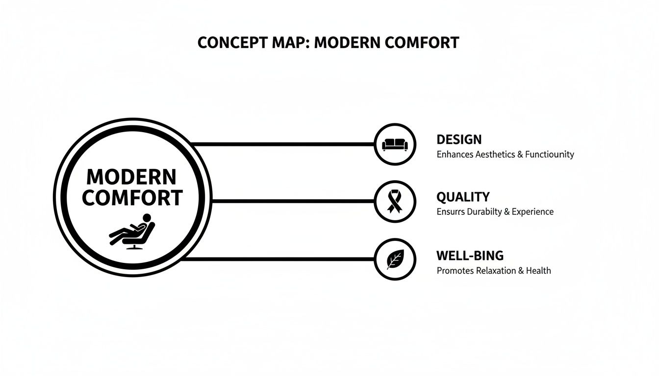 Concept map illustrating Modern Comfort with branches for Design, Quality, and Well-being.