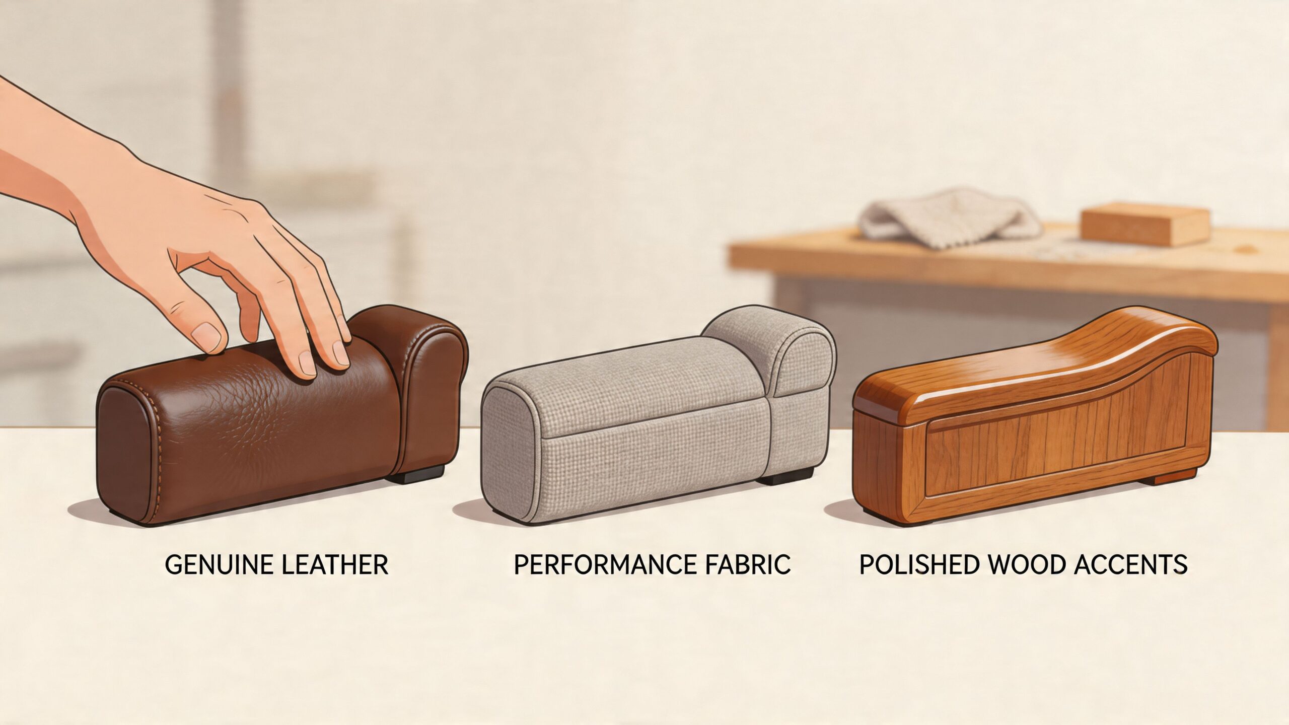 Three armrest material options for furniture: genuine leather, performance fabric, and polished wood accents on display.