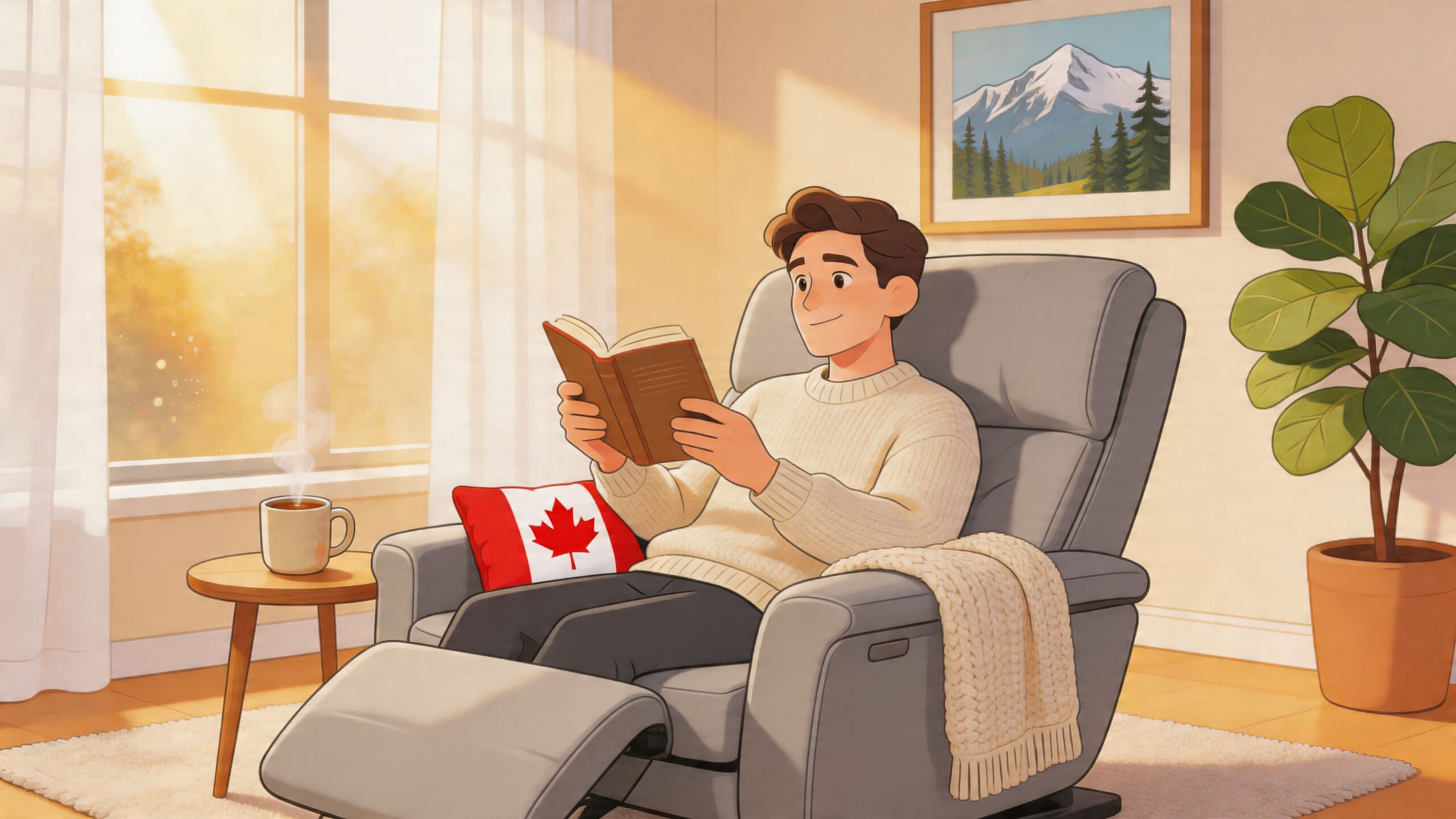 A man sits in a comfortable recliner reading a book, accompanied by a Canadian flag pillow nearby.
