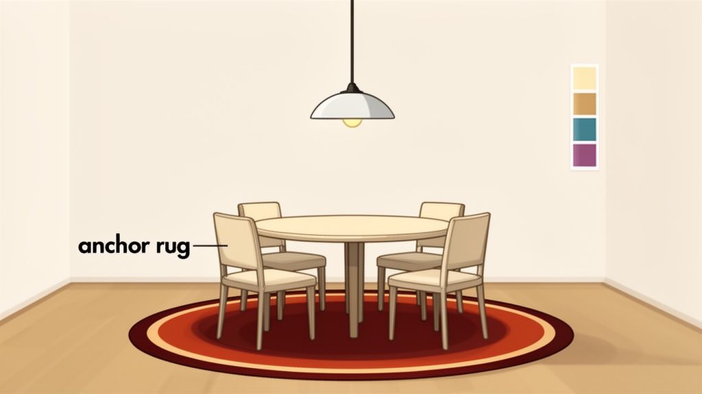 Illustration of a dining room with a round table, chairs, a red anchor rug, and pendant light.