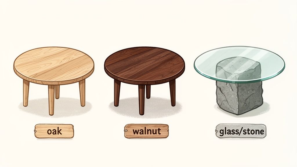 Three distinct round tables: light oak wood, dark walnut wood, and a clear glass top on a rough stone base.