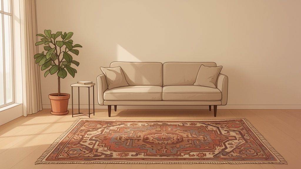 A cozy living room interior featuring a beige sofa, a large potted plant, and a colorful patterned rug.