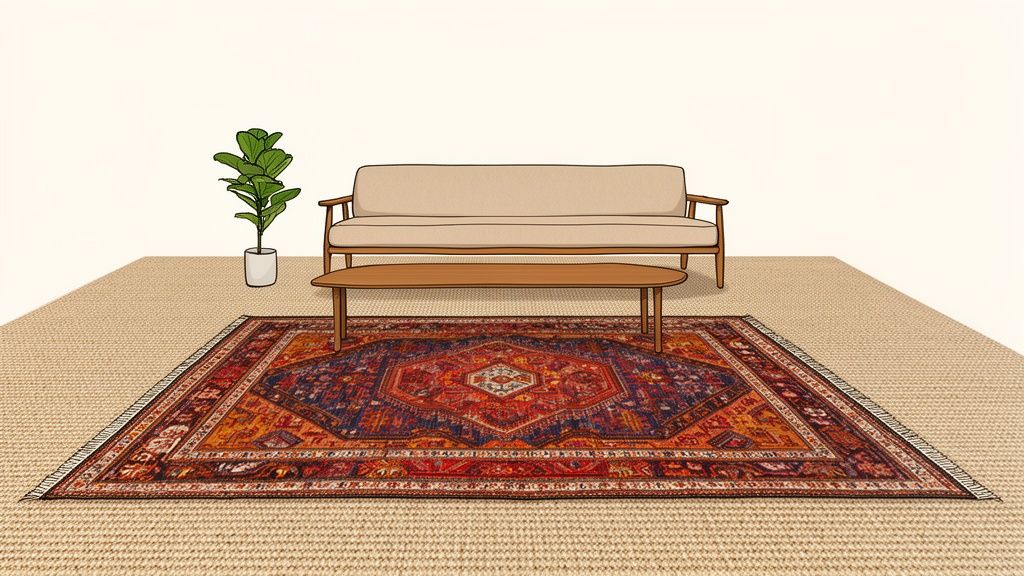A minimalist living room with a long sofa, coffee table, plant, and an ornate rug on a textured carpet.